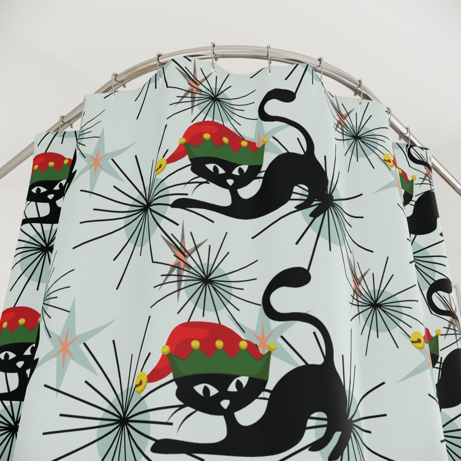 Kate McEnroe New York Atomic Cat Christmas Shower Curtain, Retro MCM Holiday Bathroom DecorShower Curtains23519753228174858594