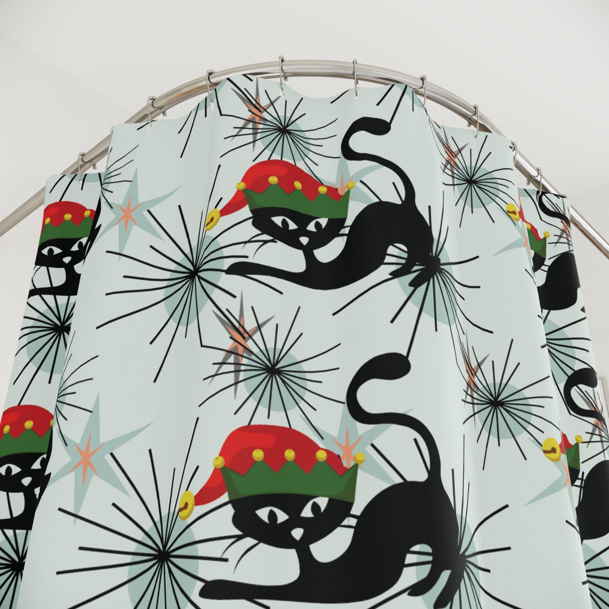 Kate McEnroe New York Atomic Cat Christmas Shower Curtain, Retro MCM Holiday Bathroom DecorShower Curtains23519753228174858594