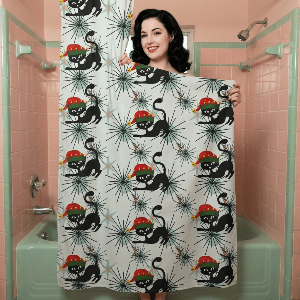 Kate McEnroe New York Atomic Cat Christmas Shower Curtain, Retro MCM Holiday Bathroom DecorShower Curtains23519753228174858594