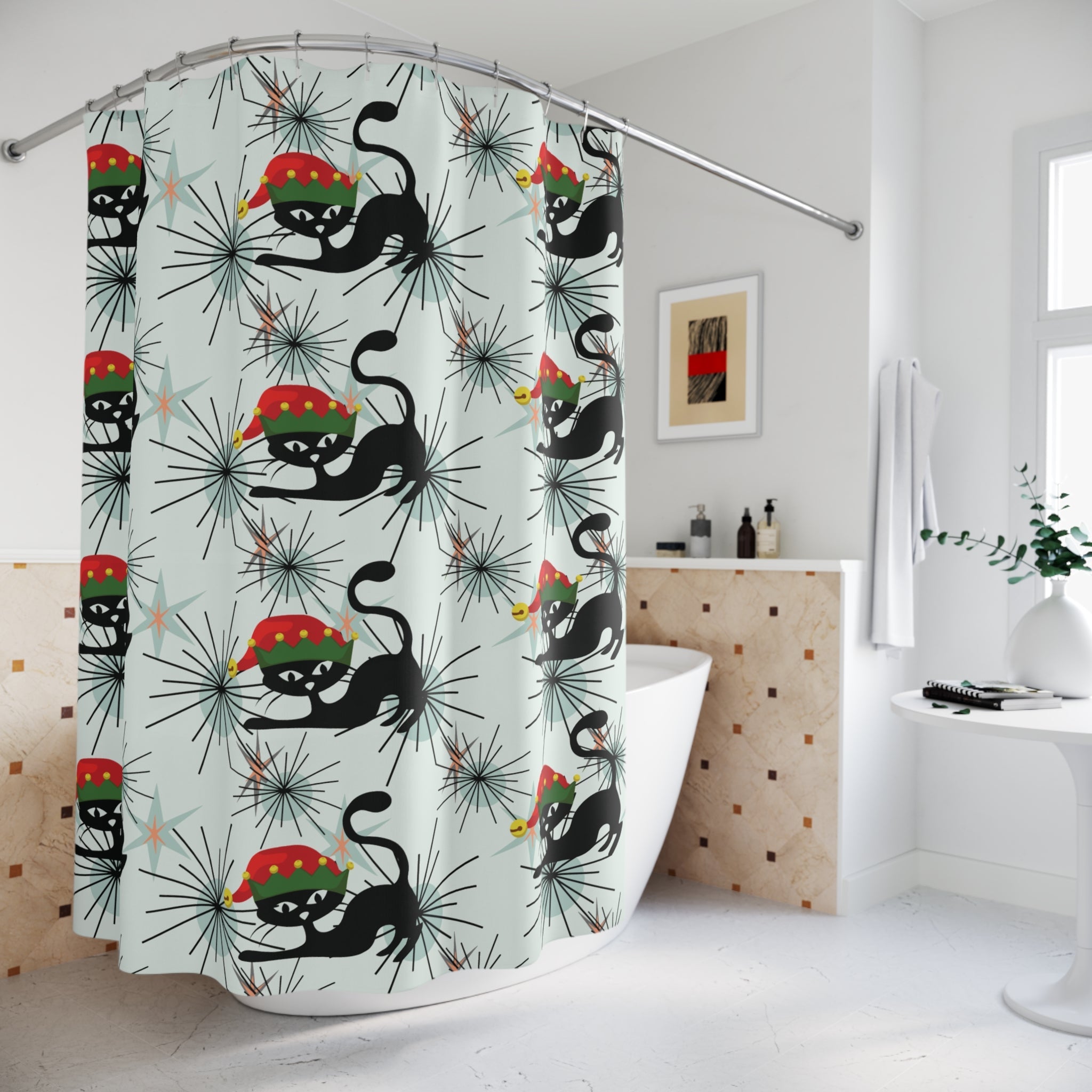 Kate McEnroe New York Atomic Cat Christmas Shower Curtain, Retro MCM Holiday Bathroom DecorShower Curtains23519753228174858594
