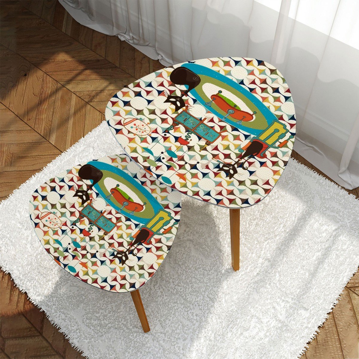 Kate McEnroe New York Atomic Cat Cocktail Lounge Danish Nesting Tables, Mid Century Modern Scandinavian Danish Side TablesNesting TablesggdJxa1Qak