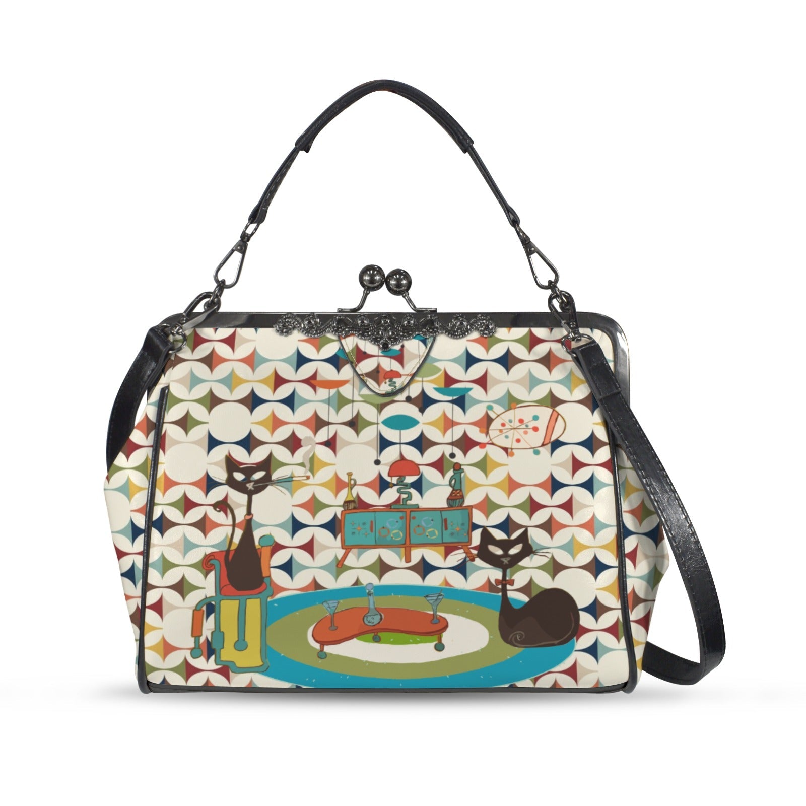 Kate McEnroe New York Atomic Cat Cocktail Lounge Kisslock Purse, Starburst Boomerang Vintage Kitsch HandbagCrossbody BagsD3187077