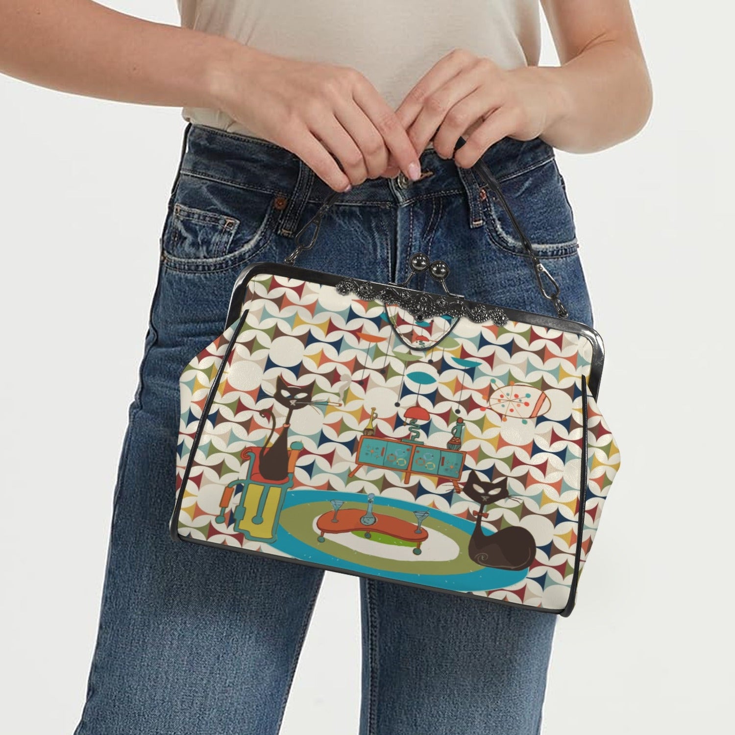 Kate McEnroe New York Atomic Cat Cocktail Lounge Kisslock Purse, Starburst Boomerang Vintage Kitsch HandbagCrossbody BagsD3187077