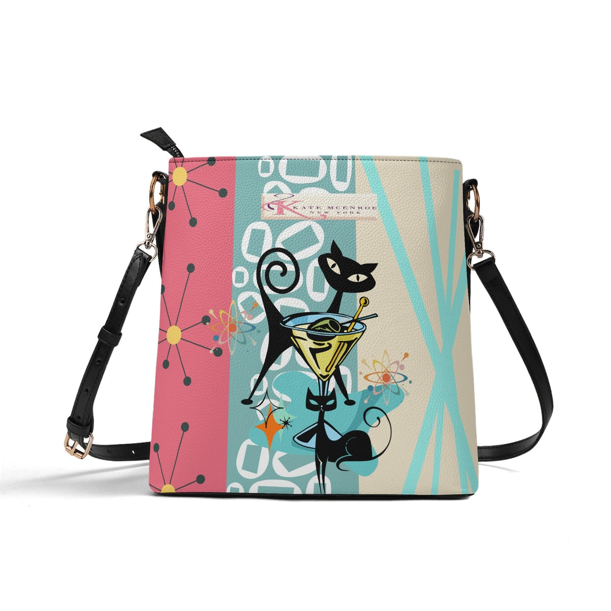 Kate McEnroe New York Atomic Cat Cocktail Mid Century Modern Retro Bucket BagHandbagsWQP9E9PN-1