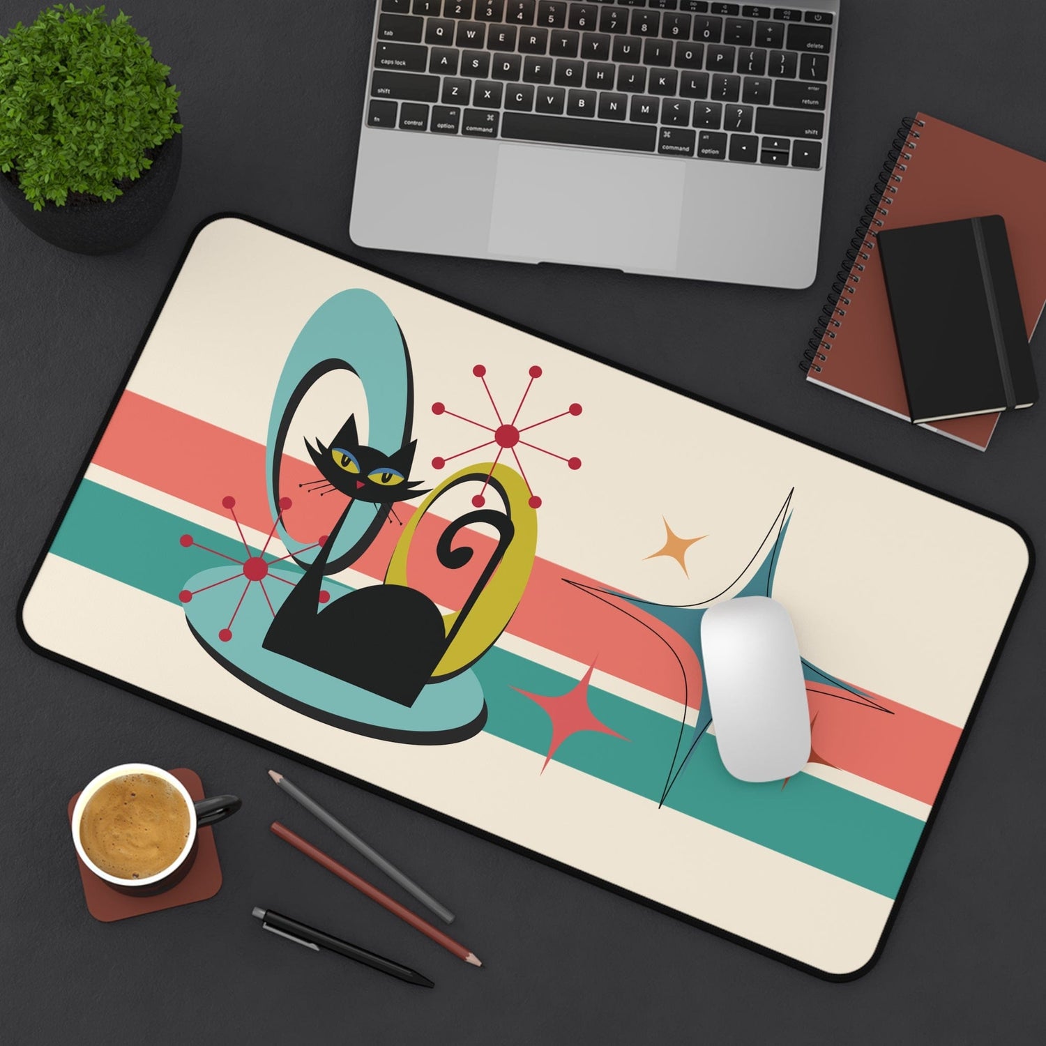 Kate McEnroe New York Atomic Cat Desk Mat, Mid Century Modern Office Accessory, MCM Teal, Coral Workspace Decor Mouse Pads 12&quot; × 22&quot; 29794091373347944449
