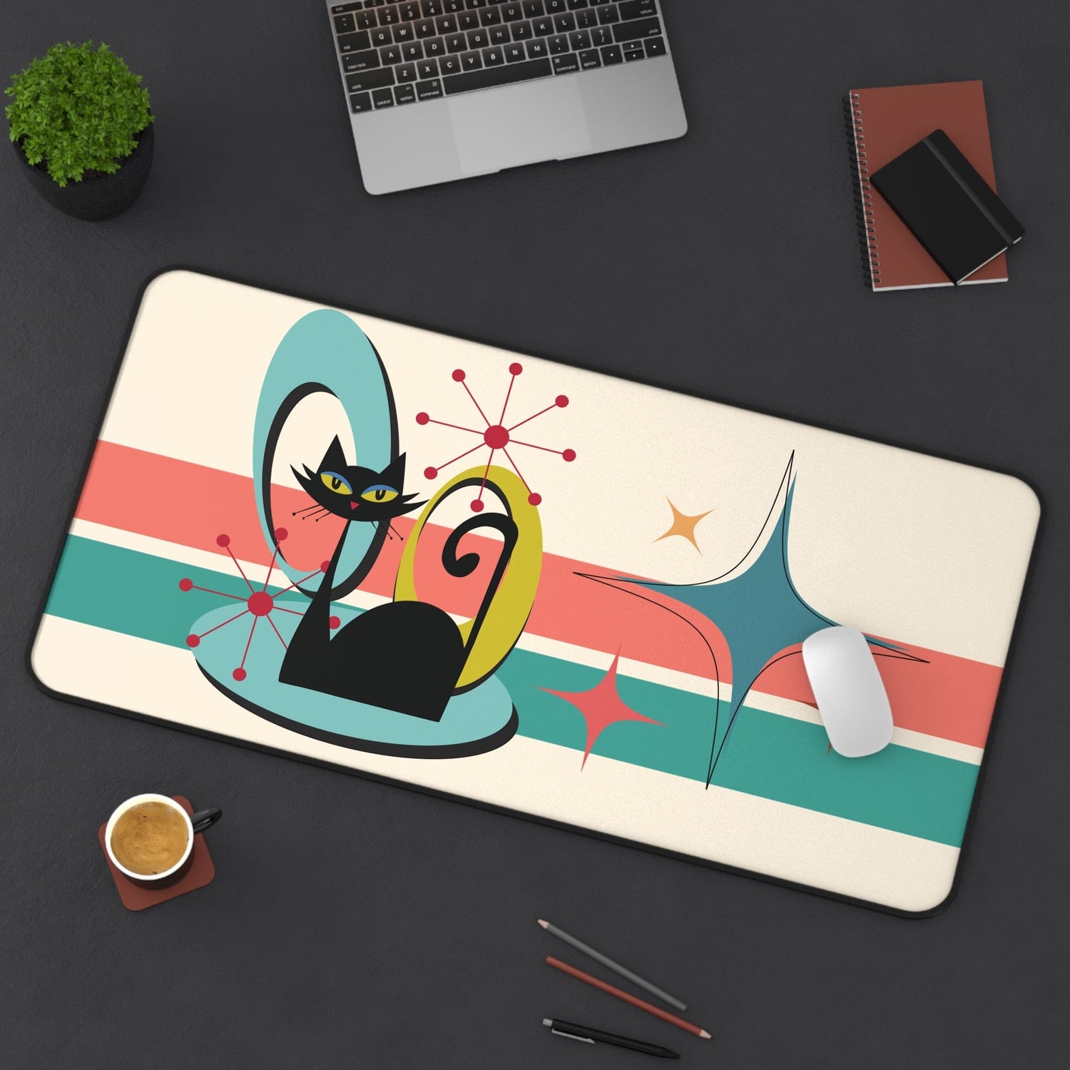Kate McEnroe New York Atomic Cat Desk Mat, Mid Century Modern Office Accessory, MCM Teal, Coral Workspace Decor Mouse Pads 15.5&quot; × 31&quot; 87979591979579842017