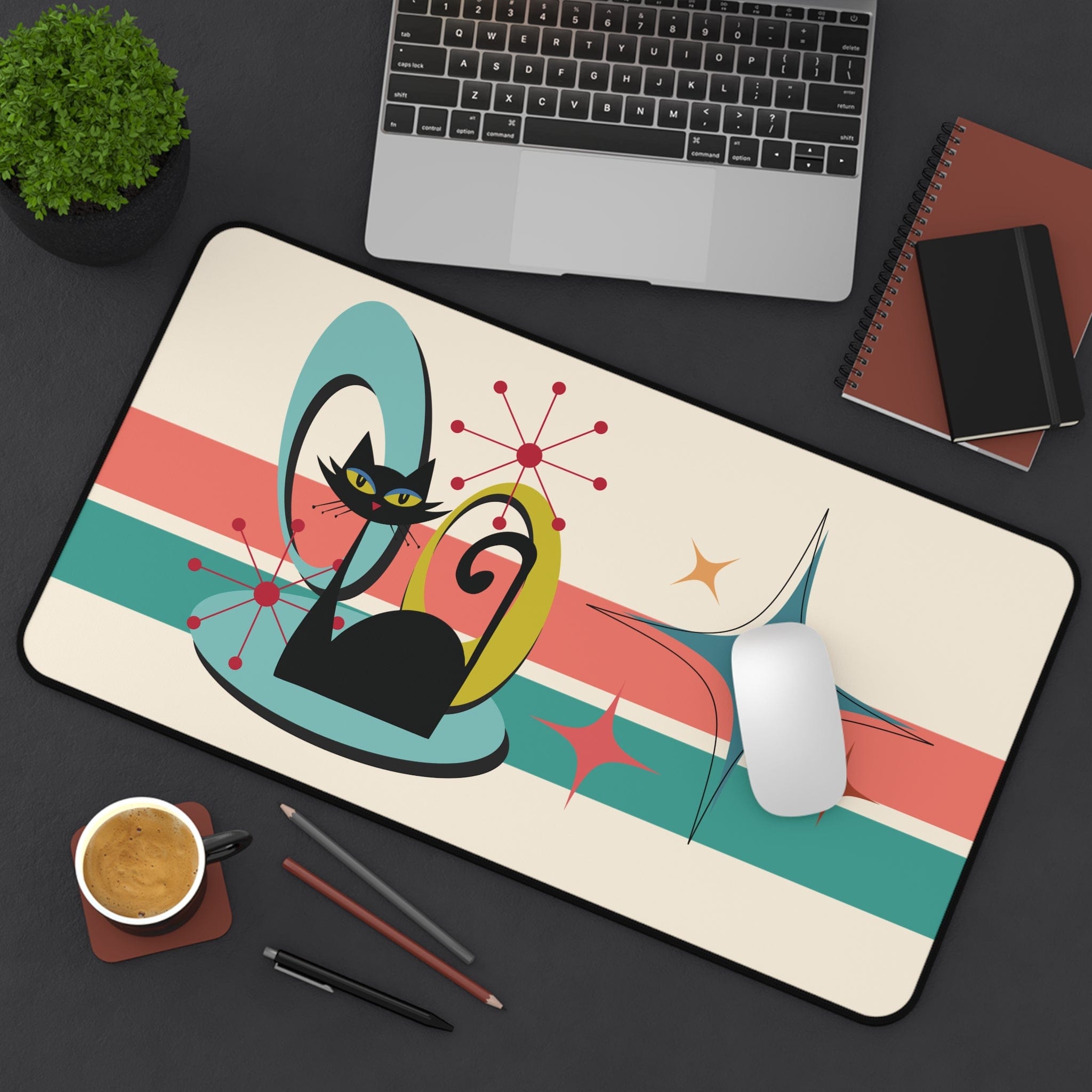 Kate McEnroe New York Atomic Cat Desk Mat, Mid Century Modern Office Accessory, MCM Teal, Coral Workspace DecorDesk Pads29794091373347944449
