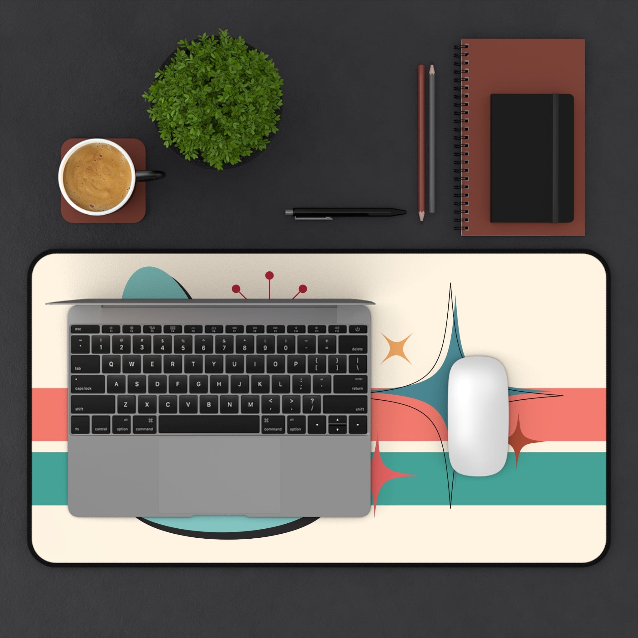 Kate McEnroe New York Atomic Cat Desk Mat, Mid Century Modern Office Accessory, MCM Teal, Coral Workspace DecorDesk Pads29794091373347944449