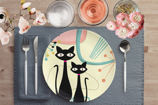 Kate McEnroe New York Atomic Cat Dinner Plate in Mid Century Modern Beige, Aqua, Pink Boomerang Starbursts Plates