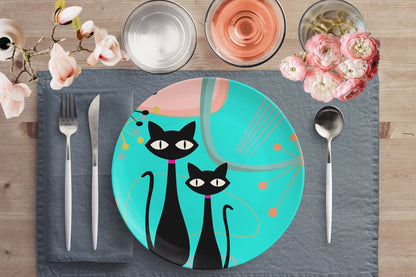 teelaunch Atomic Cat Dinner Plate in Mid Century Modern Turquoise, Pink Boomerang Starbursts Kitchenware