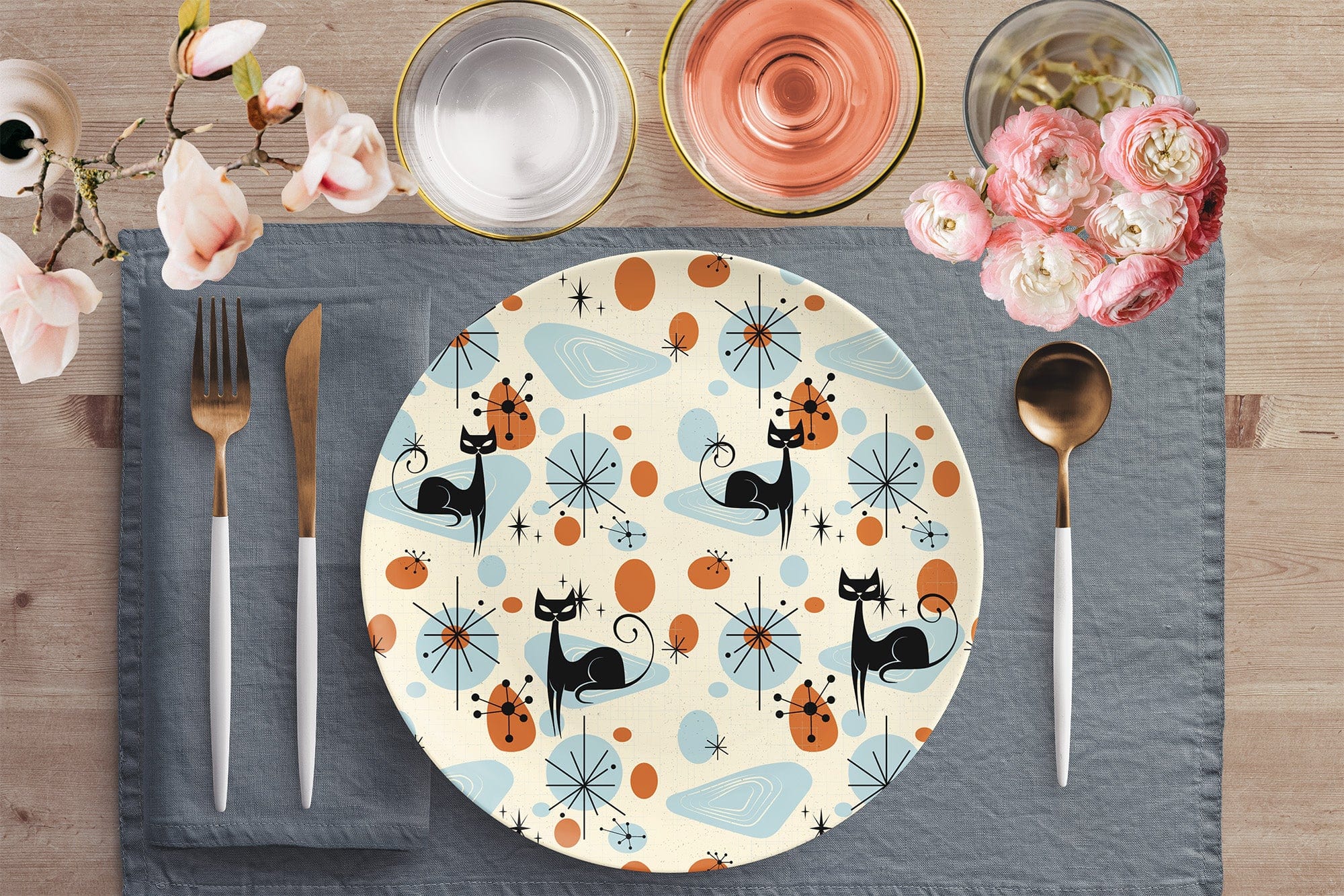 Kate McEnroe New York Atomic Cat Dinner Plate, Mid Century Modern Dinnerware, Retro MCM DishesPlatesP20 - COM - CAT - 2S