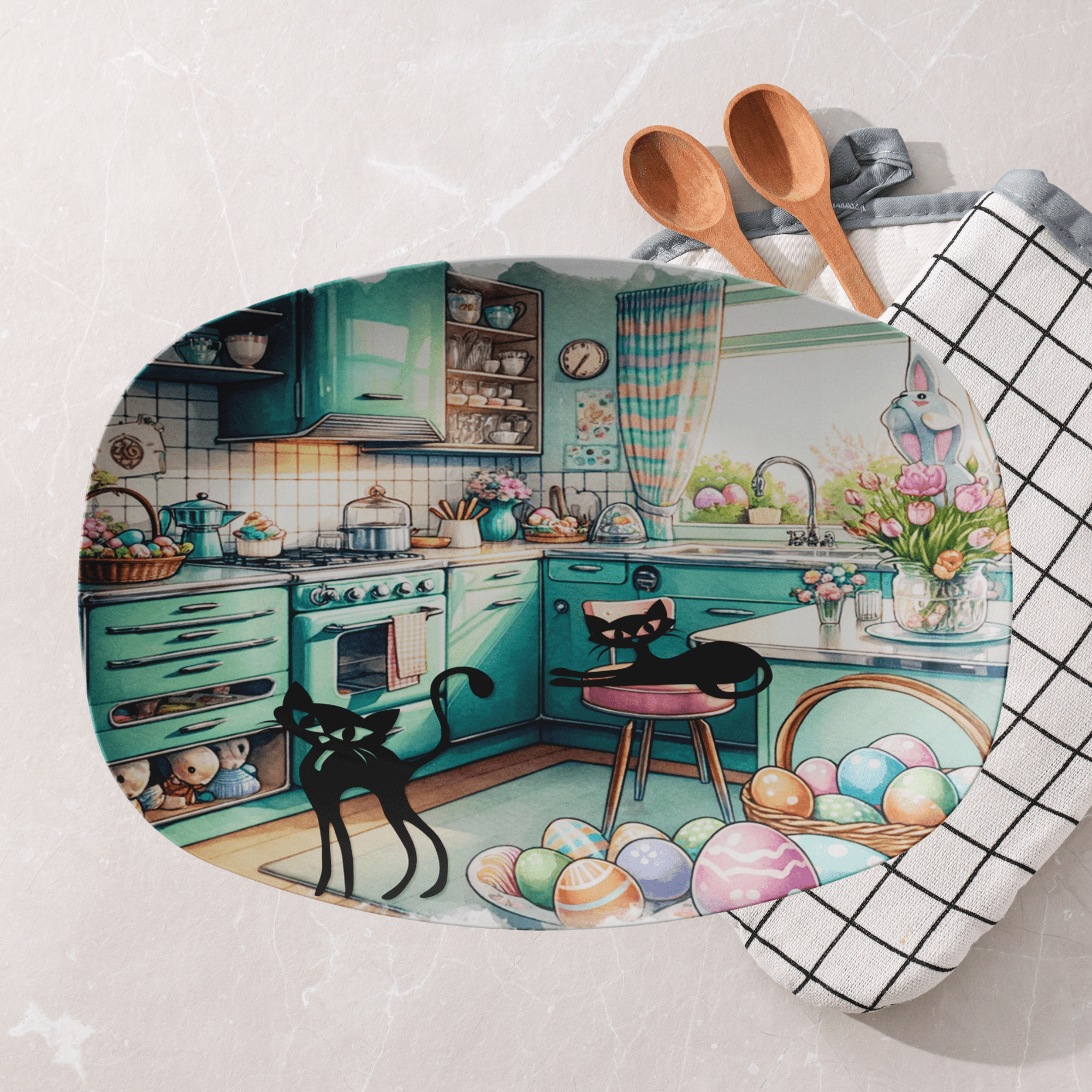 Kate McEnroe New York Atomic Cat Easter Platter, Retro Mid Century Modern Spring Tableware, Vintage 50s Style Holiday Serving TrayServing PlattersP23EASCAT2