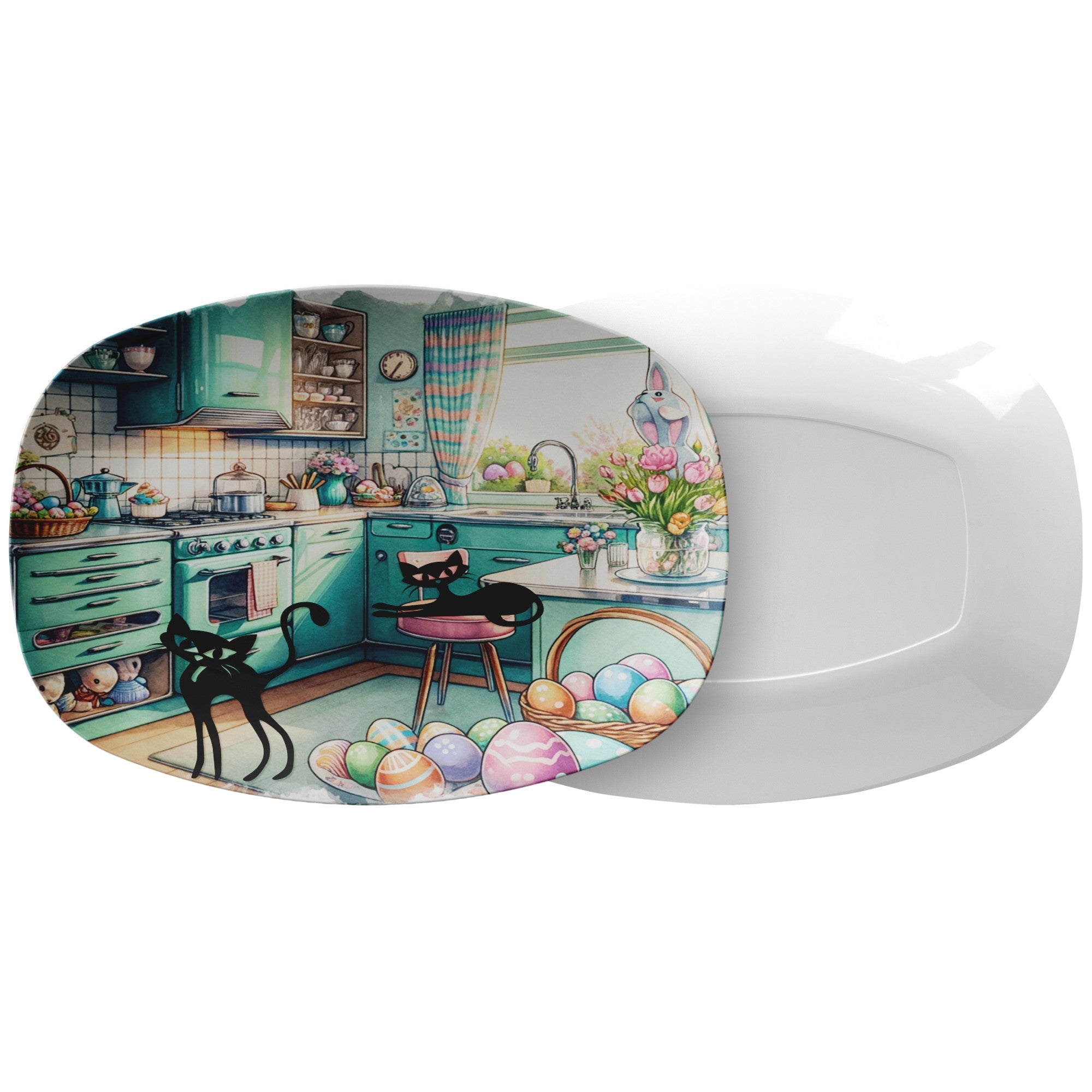 Kate McEnroe New York Atomic Cat Easter Platter, Retro Mid Century Modern Spring Tableware, Vintage 50s Style Holiday Serving TrayServing PlattersP23EASCAT2