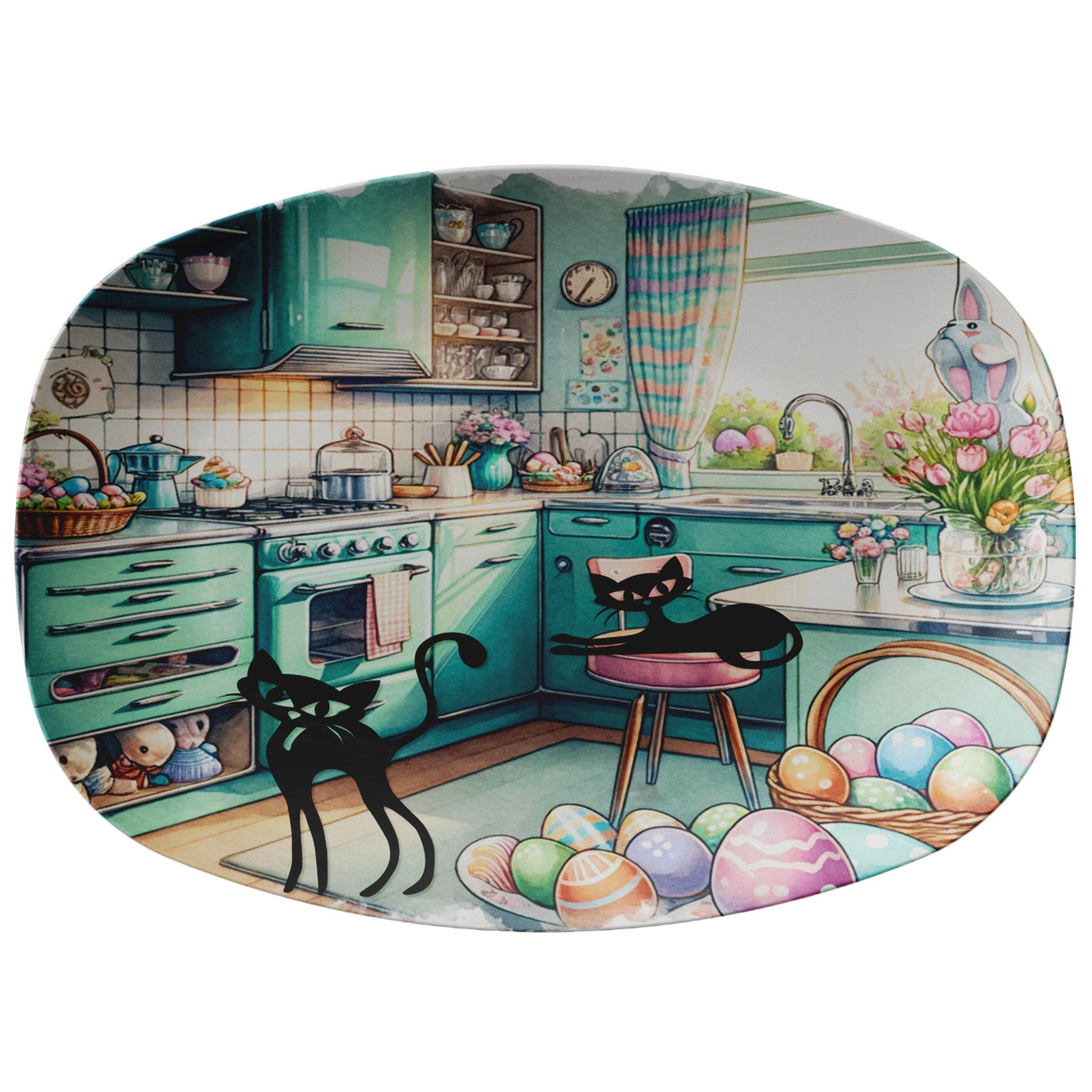 Kate McEnroe New York Atomic Cat Easter Platter, Retro Mid Century Modern Spring Tableware, Vintage 50s Style Holiday Serving TrayServing PlattersP23EASCAT2