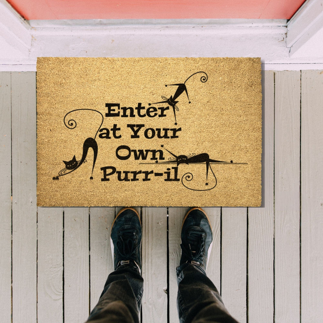 Kate McEnroe New York Atomic Cat, Enter at Your Own Purr - il Doormat, Mid Century Modern Kitty, Retro Funny MatDoor Mats36x24outdoor
