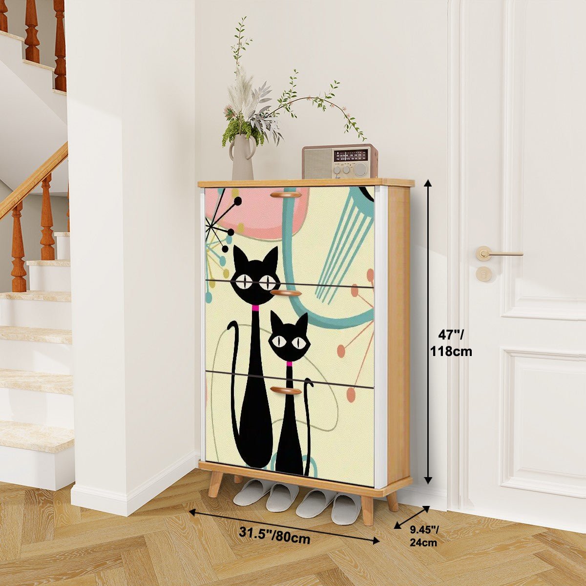 Kate McEnroe New York Atomic Cat Entryway Shoe Cabinet, Mid Century Modern Starburst Storage, Retro Kitty Furniture OrganizerShoe StoragecmP0fTHBC2