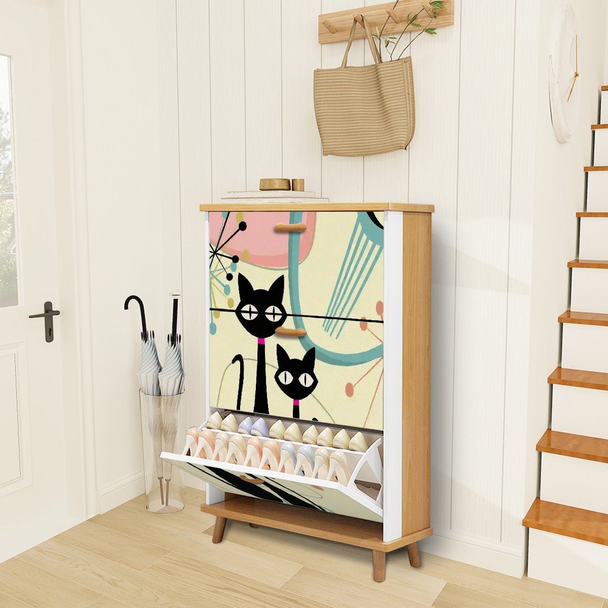 Kate McEnroe New York Atomic Cat Entryway Shoe Cabinet, Mid Century Modern Starburst Storage, Retro Kitty Furniture OrganizerShoe StoragecmP0fTHBC2