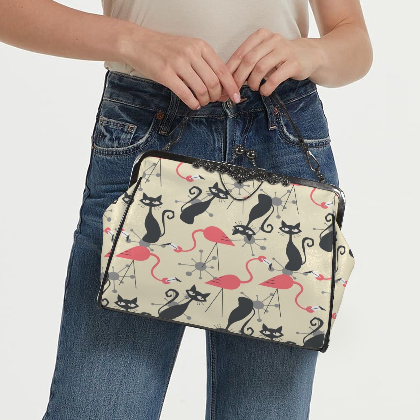 Kate McEnroe New York Atomic Cat Flamingo Kiss Lock Purse, Retro 1950s Mid Century HandbagCrossbody BagsD3275435