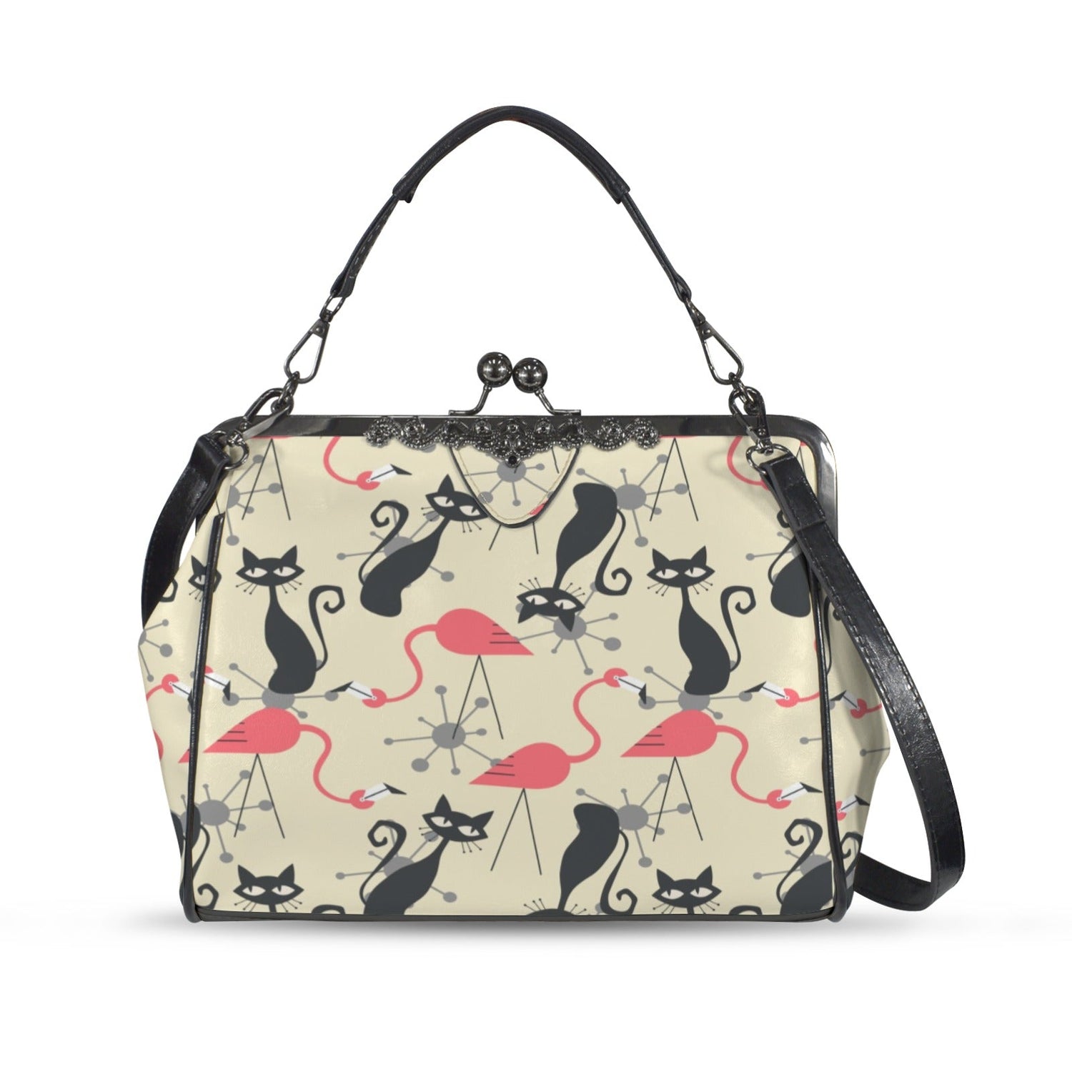 Kate McEnroe New York Atomic Cat Flamingo Kiss Lock Purse, Retro 1950s Mid Century HandbagCrossbody BagsD3275435