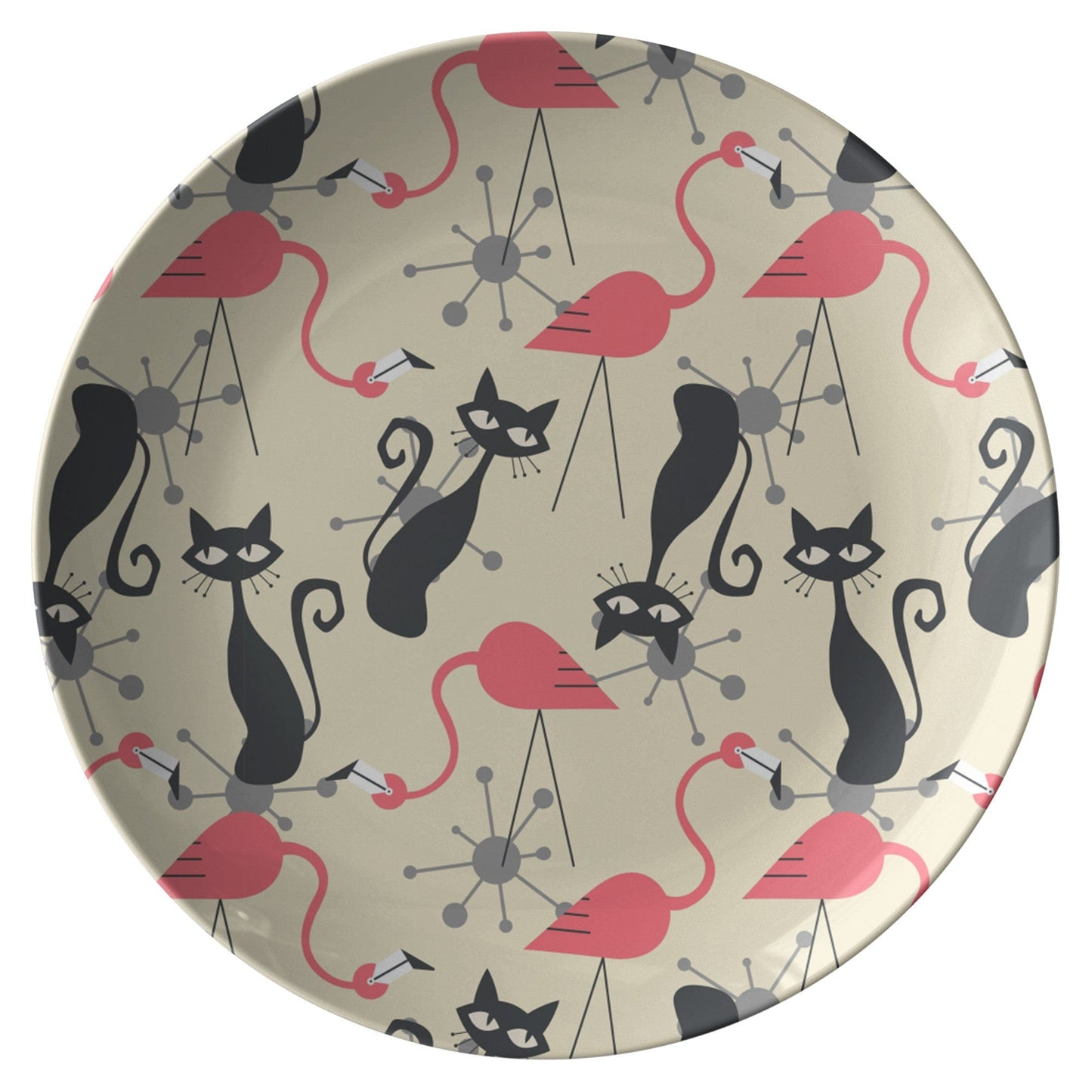 Kate McEnroe New York Atomic Cat, Flamingo Mid Century Modern Dinner Plates, Retro Whimsy MCM Starburst Cream, Pink, Gray Dishes Plates