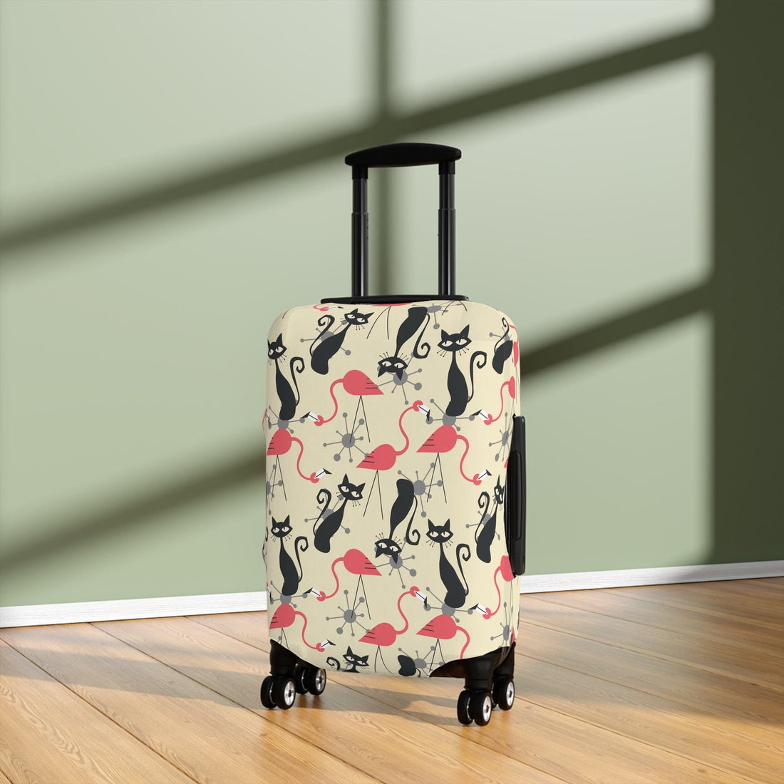 Printify Atomic Cat, Flamingo Mid Century Modern Luggage Cover, Retro Whimsy MCM Starburst Cream, Pink, Gray Suitcase Protector Accessories 21&