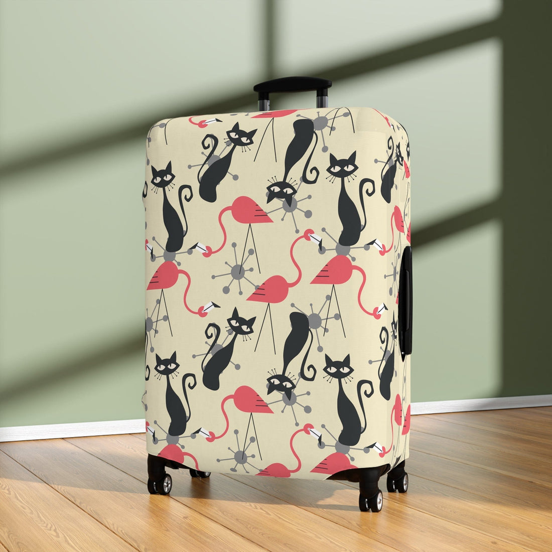 Printify Atomic Cat, Flamingo Mid Century Modern Luggage Cover, Retro Whimsy MCM Starburst Cream, Pink, Gray Suitcase Protector Accessories 28&