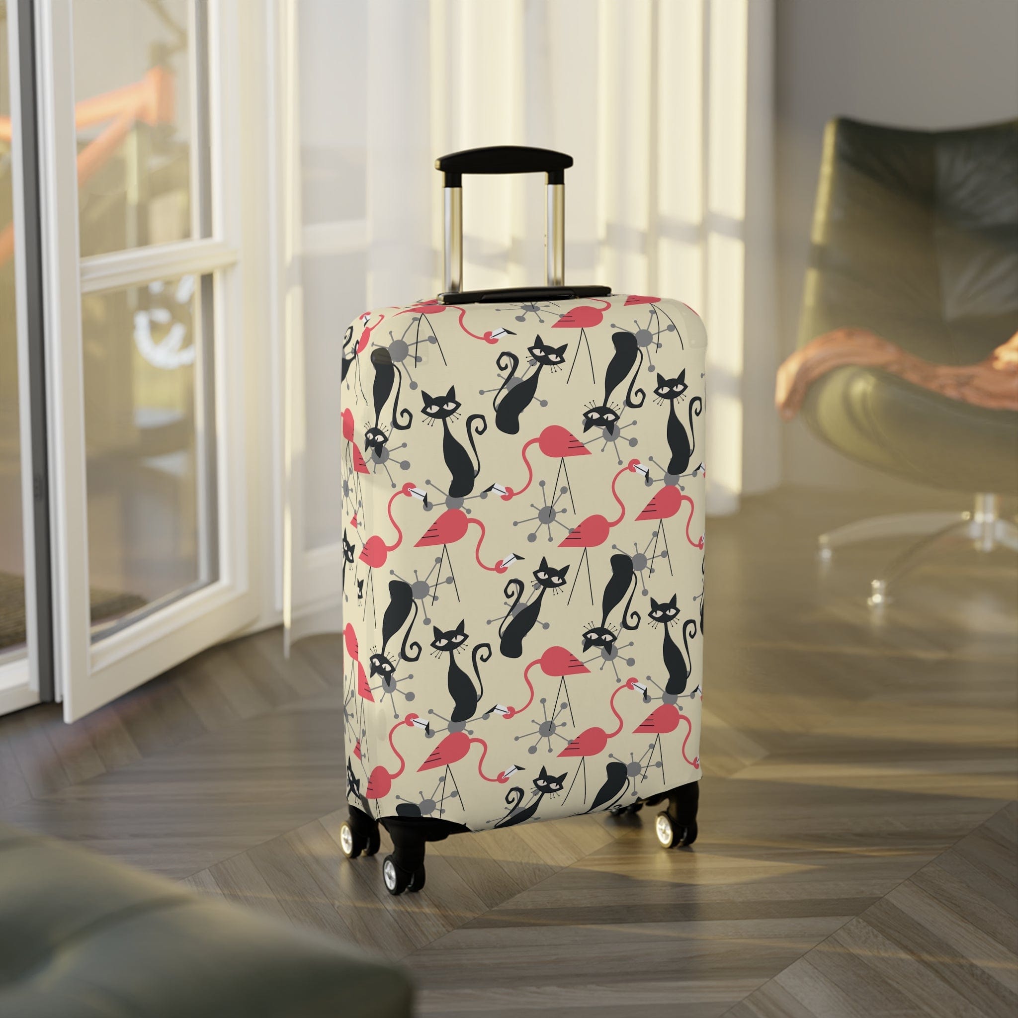 Kate McEnroe New York Atomic Cat, Flamingo Mid Century Modern Luggage Cover, Retro Whimsy MCM Starburst Cream, Pink, Gray Suitcase ProtectorLuggage Covers16024883669304044354