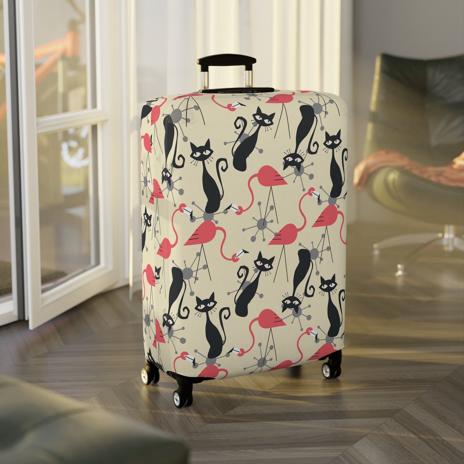 Kate McEnroe New York Atomic Cat, Flamingo Mid Century Modern Luggage Cover, Retro Whimsy MCM Starburst Cream, Pink, Gray Suitcase ProtectorLuggage Covers16024883669304044354