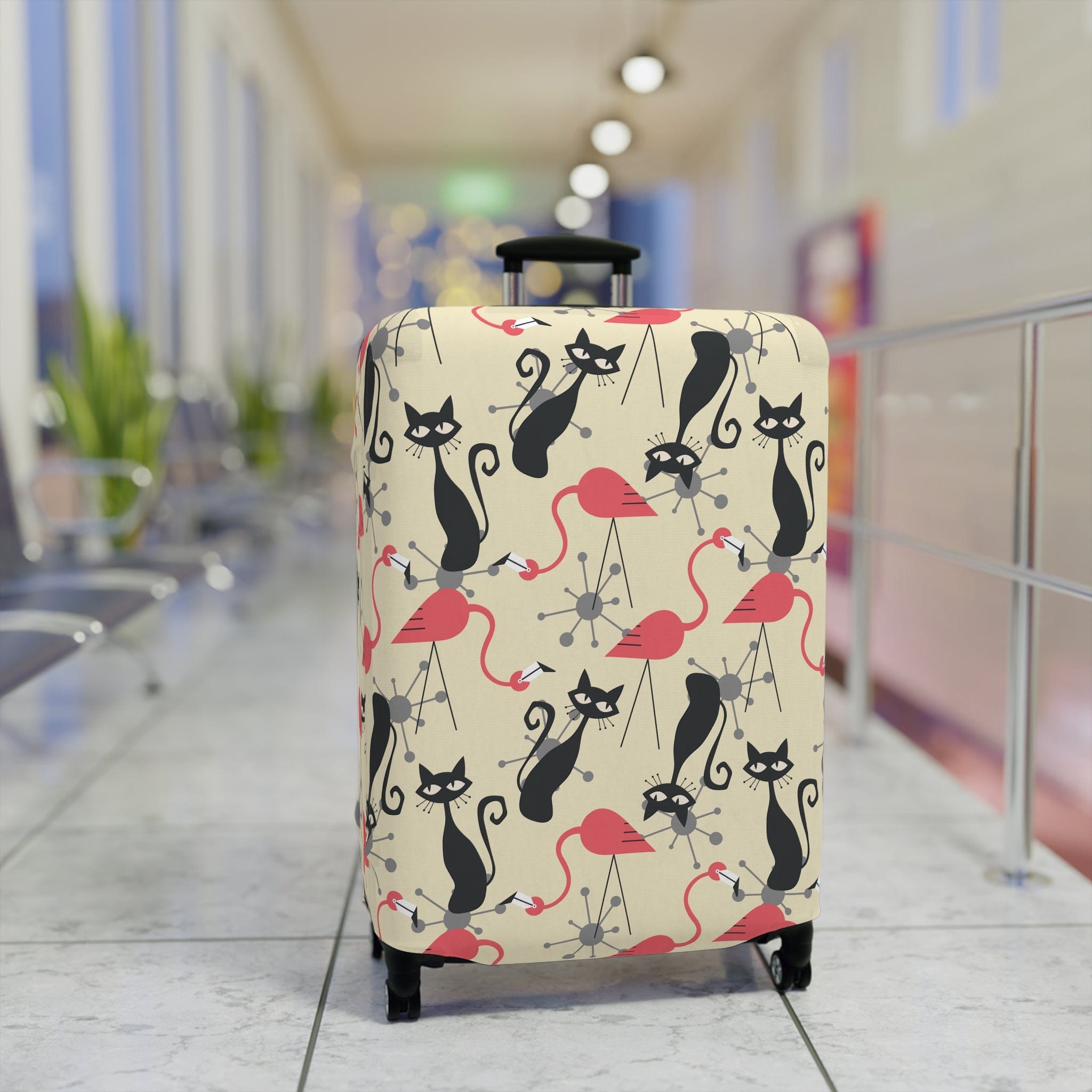 Kate McEnroe New York Atomic Cat, Flamingo Mid Century Modern Luggage Cover, Retro Whimsy MCM Starburst Cream, Pink, Gray Suitcase ProtectorLuggage Covers16024883669304044354