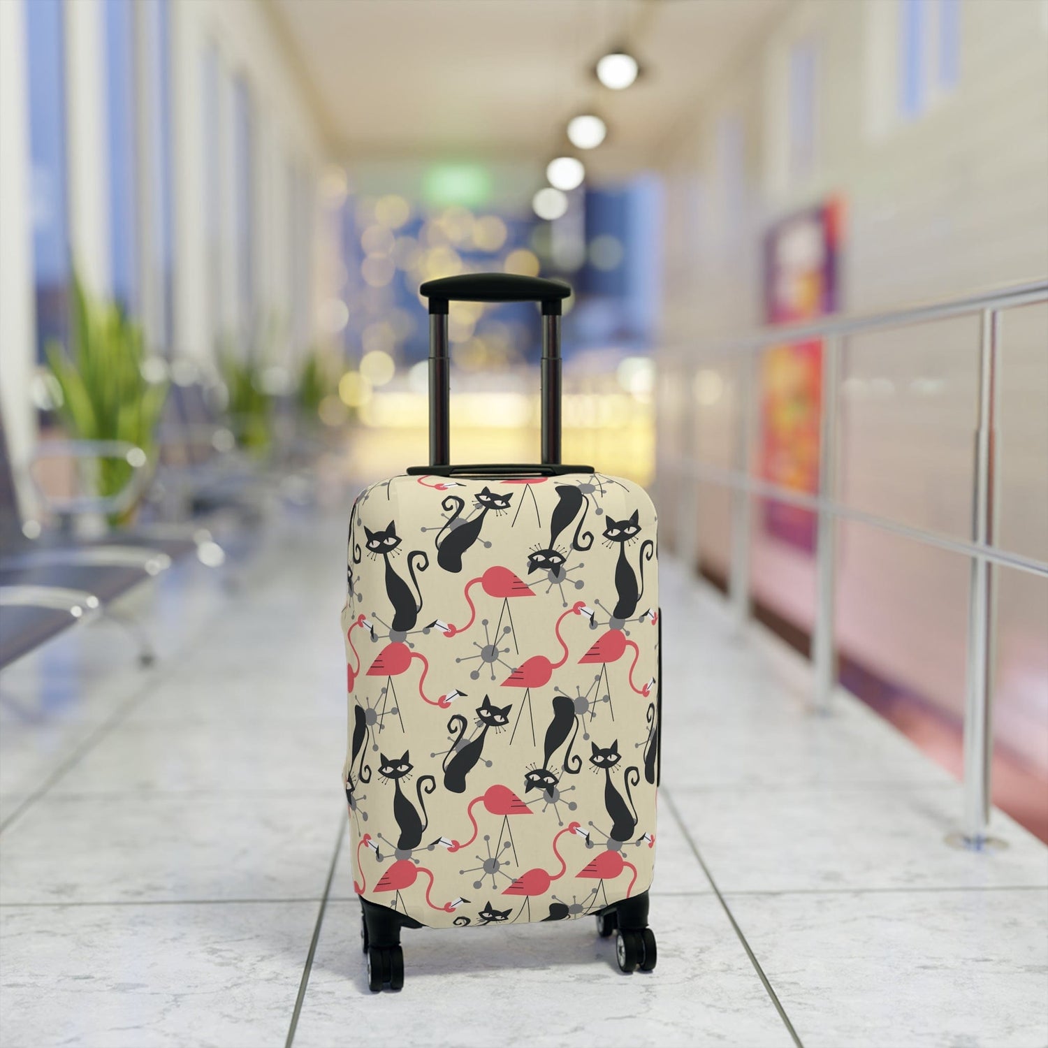 Kate McEnroe New York Atomic Cat, Flamingo Mid Century Modern Luggage Cover, Retro Whimsy MCM Starburst Cream, Pink, Gray Suitcase ProtectorLuggage Covers16024883669304044354