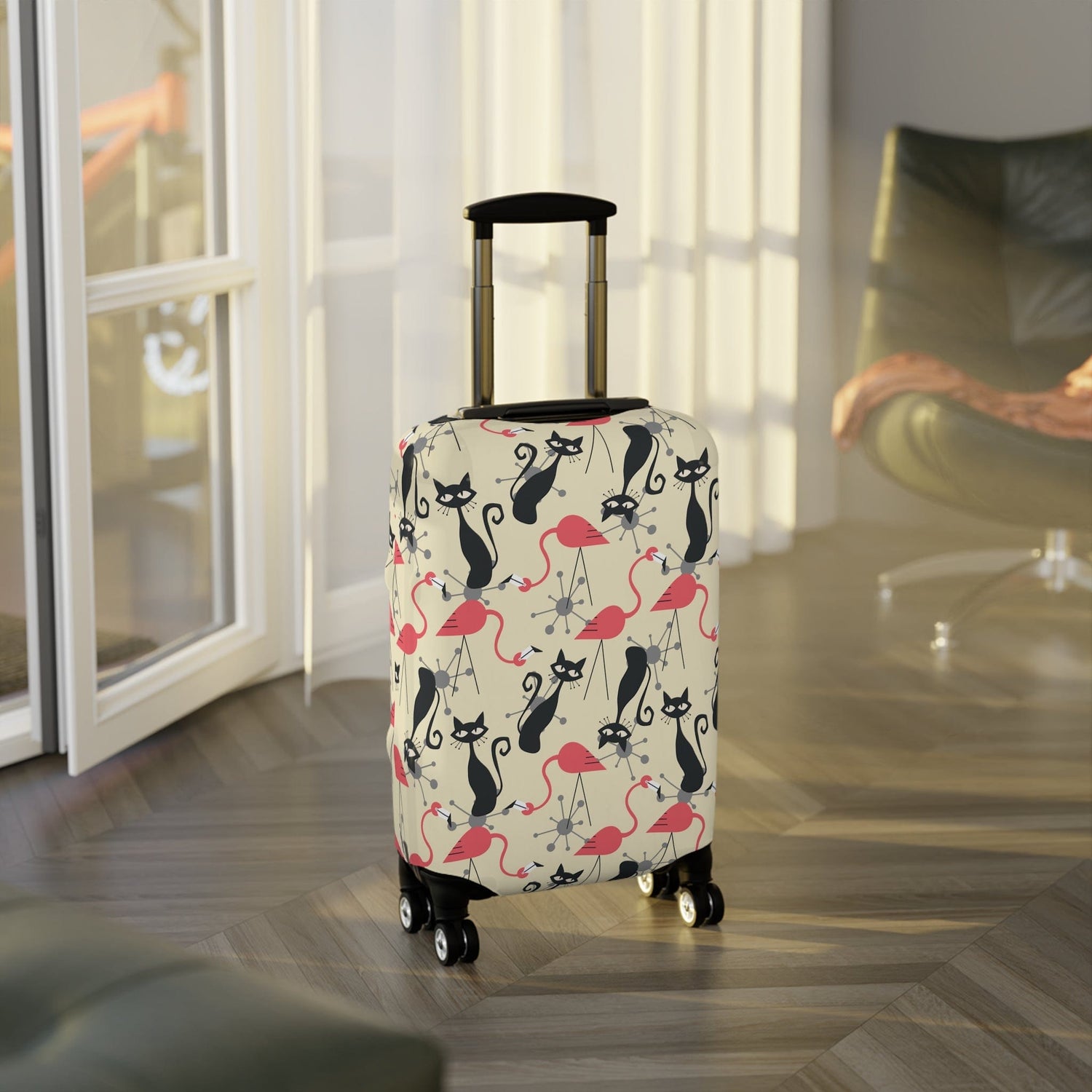 Kate McEnroe New York Atomic Cat, Flamingo Mid Century Modern Luggage Cover, Retro Whimsy MCM Starburst Cream, Pink, Gray Suitcase ProtectorLuggage Covers16024883669304044354