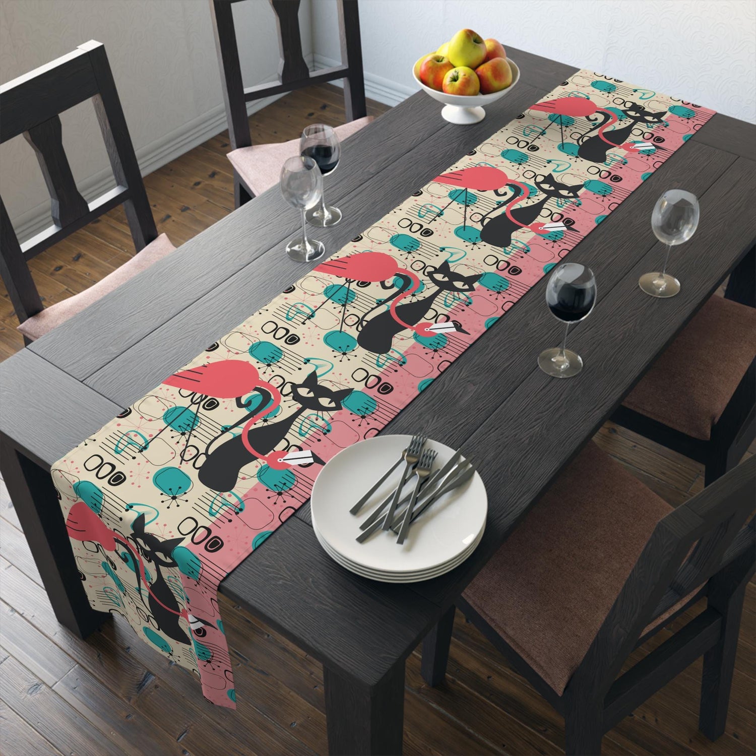 Kate McEnroe New York Atomic Cat Flamingo Table Runner, Retro Mid Century Modern Dining AccentTable Runners19127885555627332077