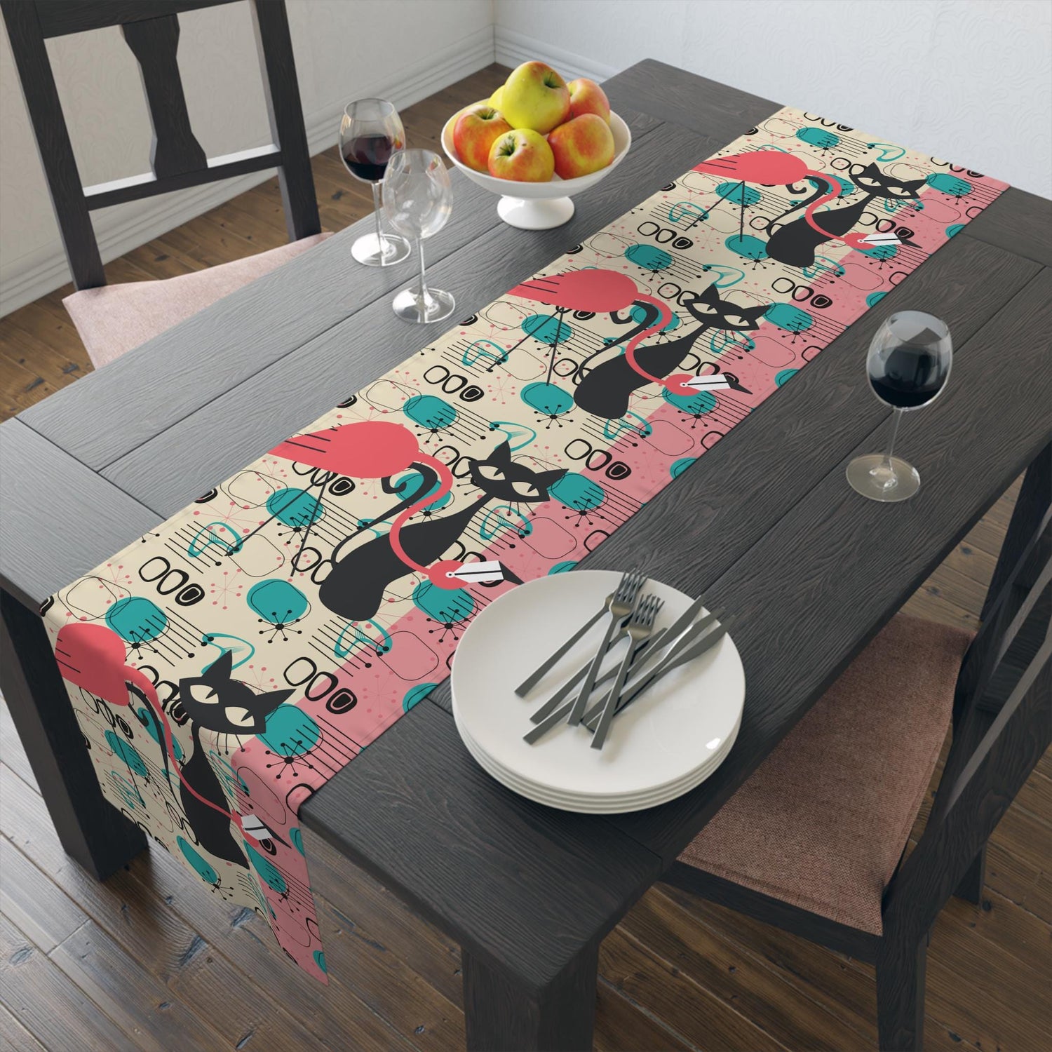 Kate McEnroe New York Atomic Cat Flamingo Table Runner, Retro Mid Century Modern Dining AccentTable Runners19127885555627332077