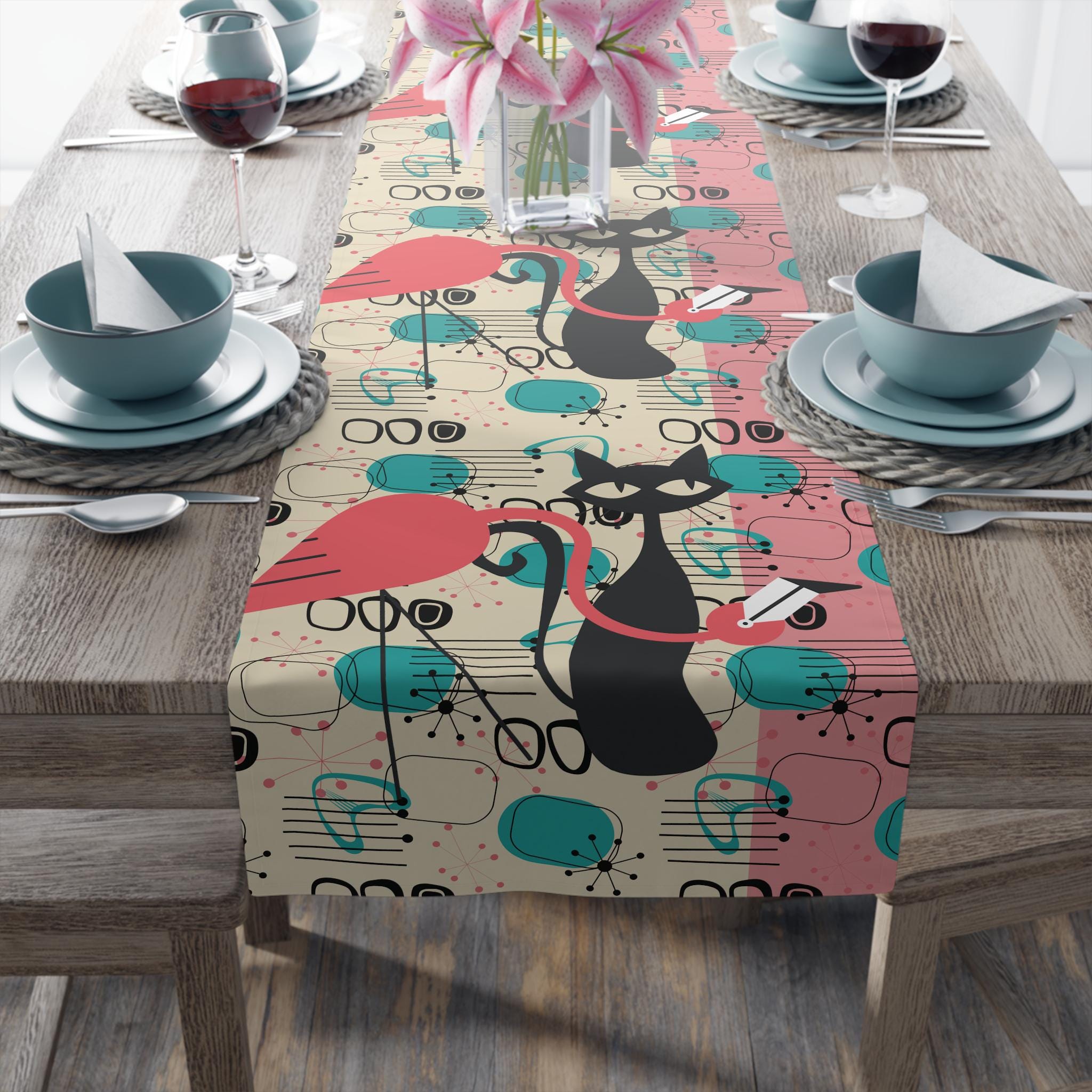 Kate McEnroe New York Atomic Cat Flamingo Table Runner, Retro Mid Century Modern Dining AccentTable Runners19127885555627332077