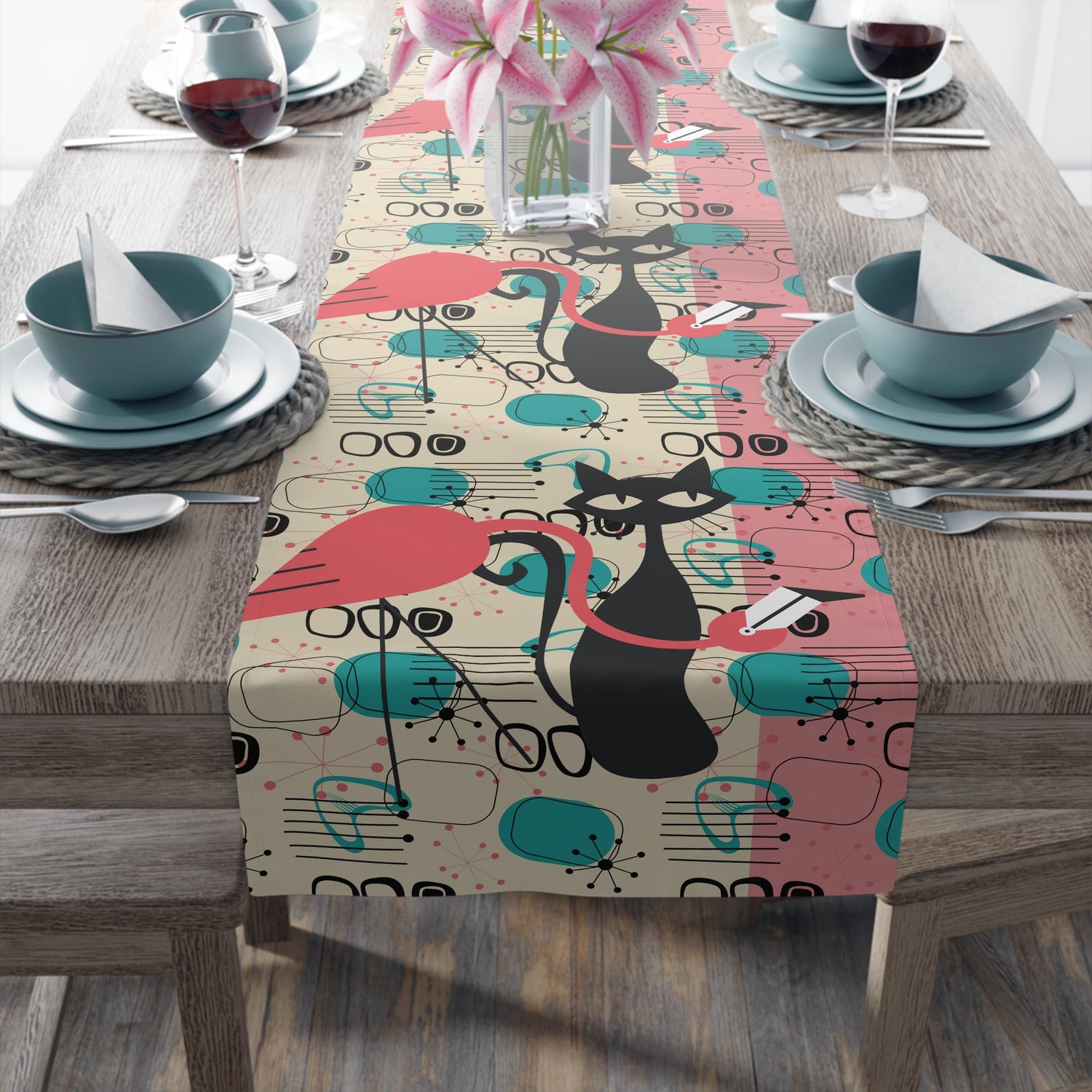 Kate McEnroe New York Atomic Cat Flamingo Table Runner, Retro Mid Century Modern Dining AccentTable Runners19127885555627332077