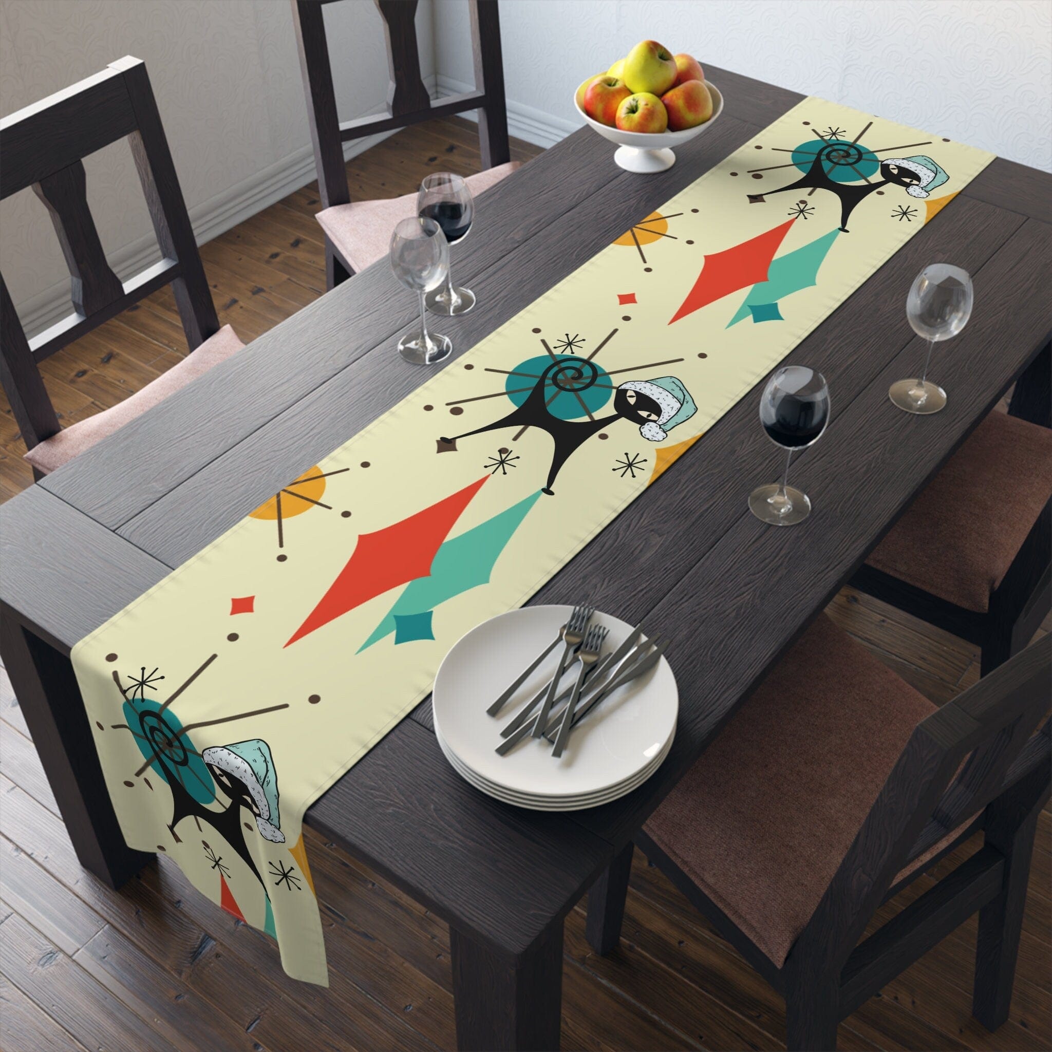Kate McEnroe New York Atomic Cat Franciscan Diamond Starburst Christmas Table Runner, Mid Mod Retro Kitschy Holiday Table LinensTable Runners12728210959256229370