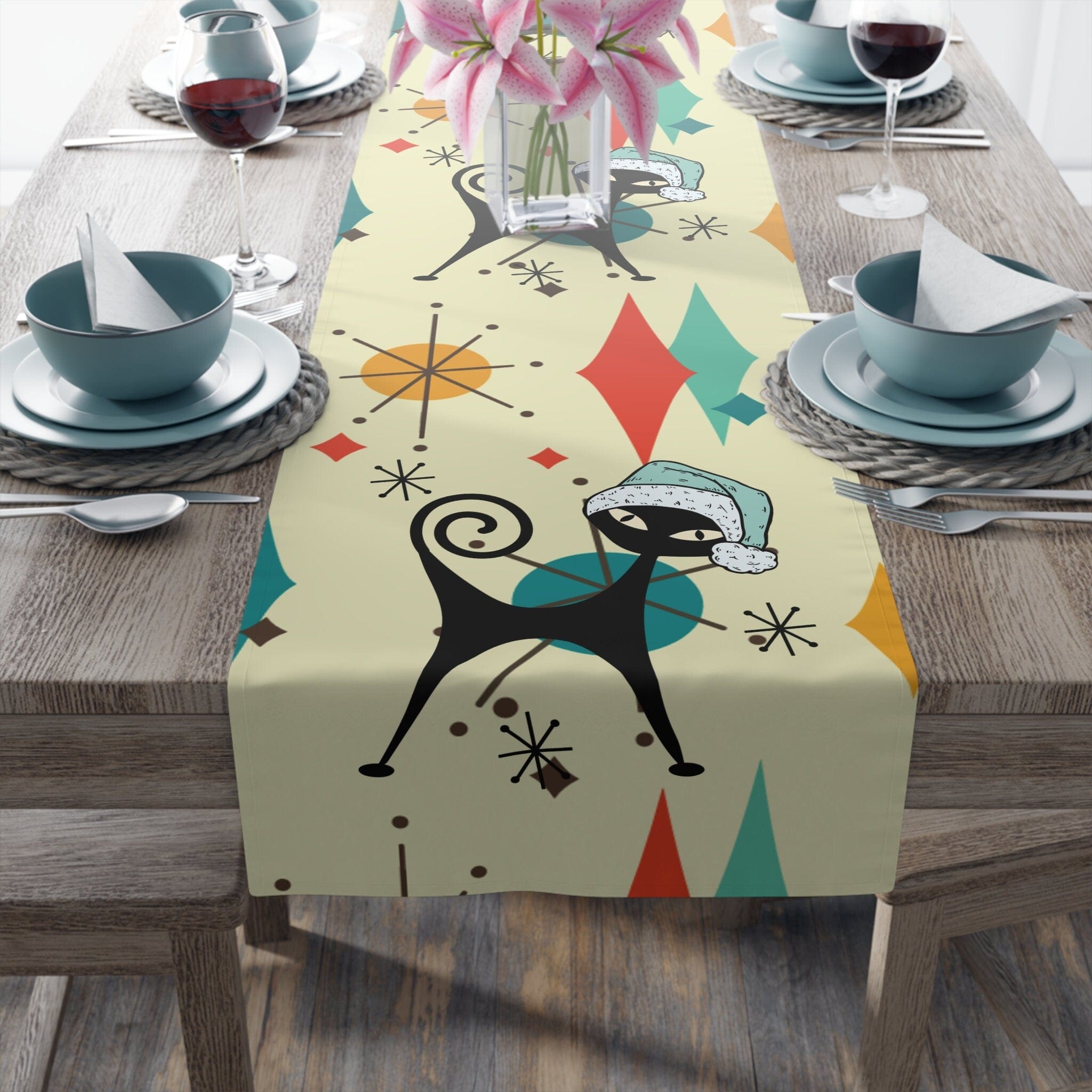 Kate McEnroe New York Atomic Cat Franciscan Diamond Starburst Christmas Table Runner, Mid Mod Retro Kitschy Holiday Table LinensTable Runners12728210959256229370