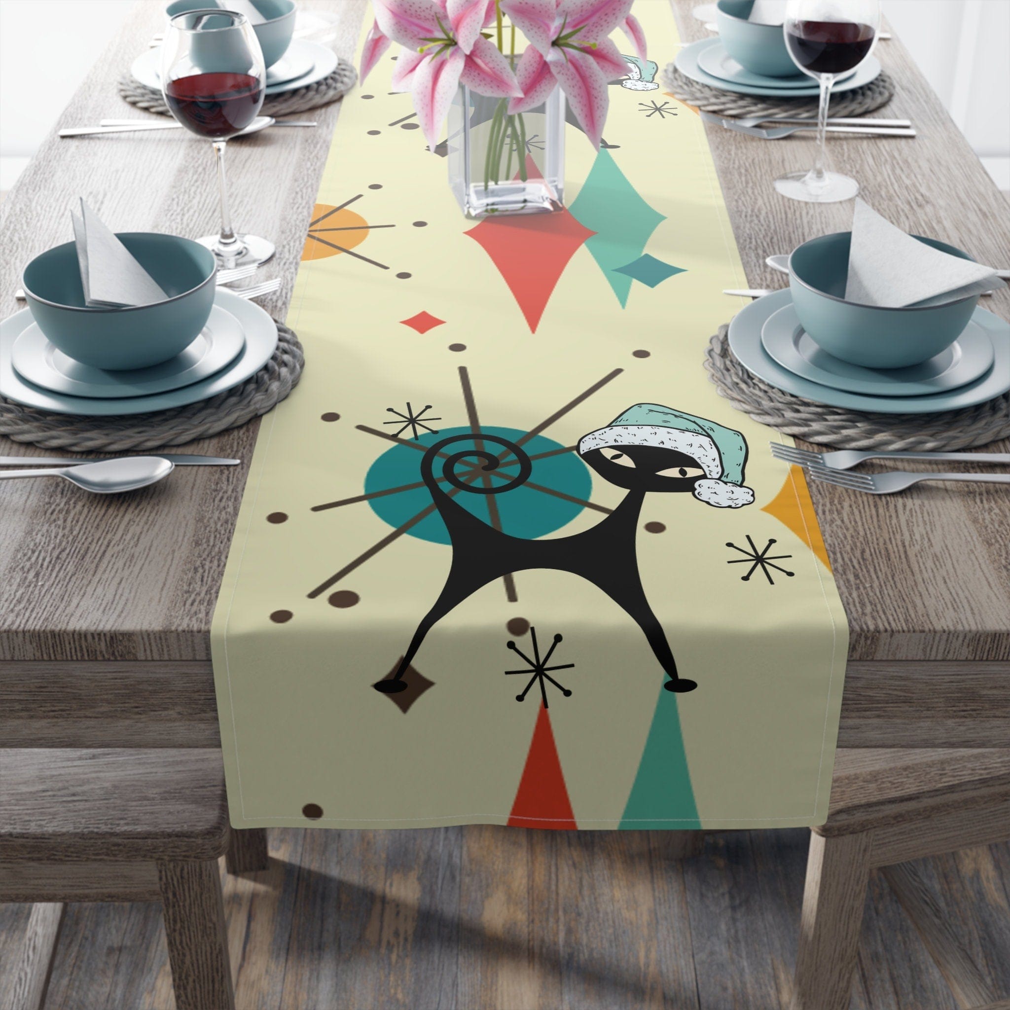 Kate McEnroe New York Atomic Cat Franciscan Diamond Starburst Christmas Table Runner, Mid Mod Retro Kitschy Holiday Table LinensTable Runners12728210959256229370