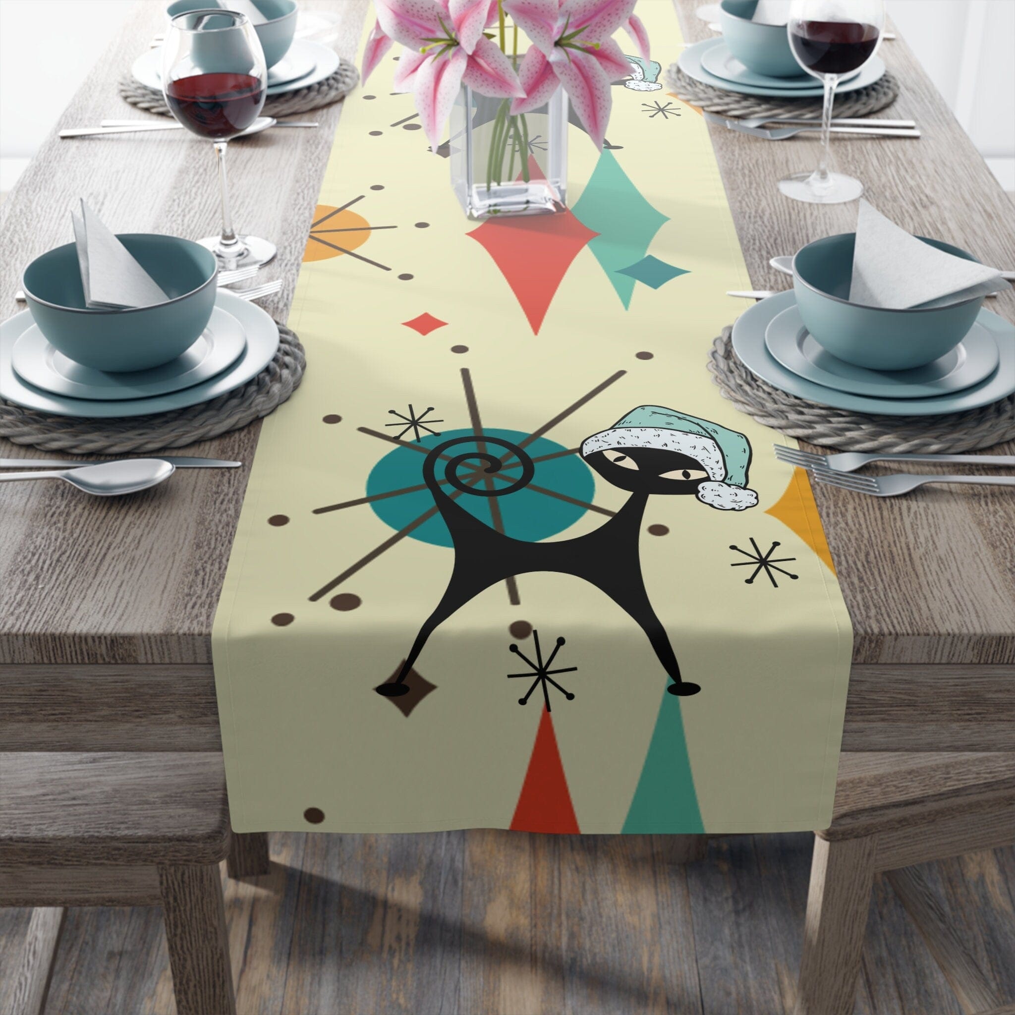 Kate McEnroe New York Atomic Cat Franciscan Diamond Starburst Christmas Table Runner, Mid Mod Retro Kitschy Holiday Table LinensTable Runners12728210959256229370