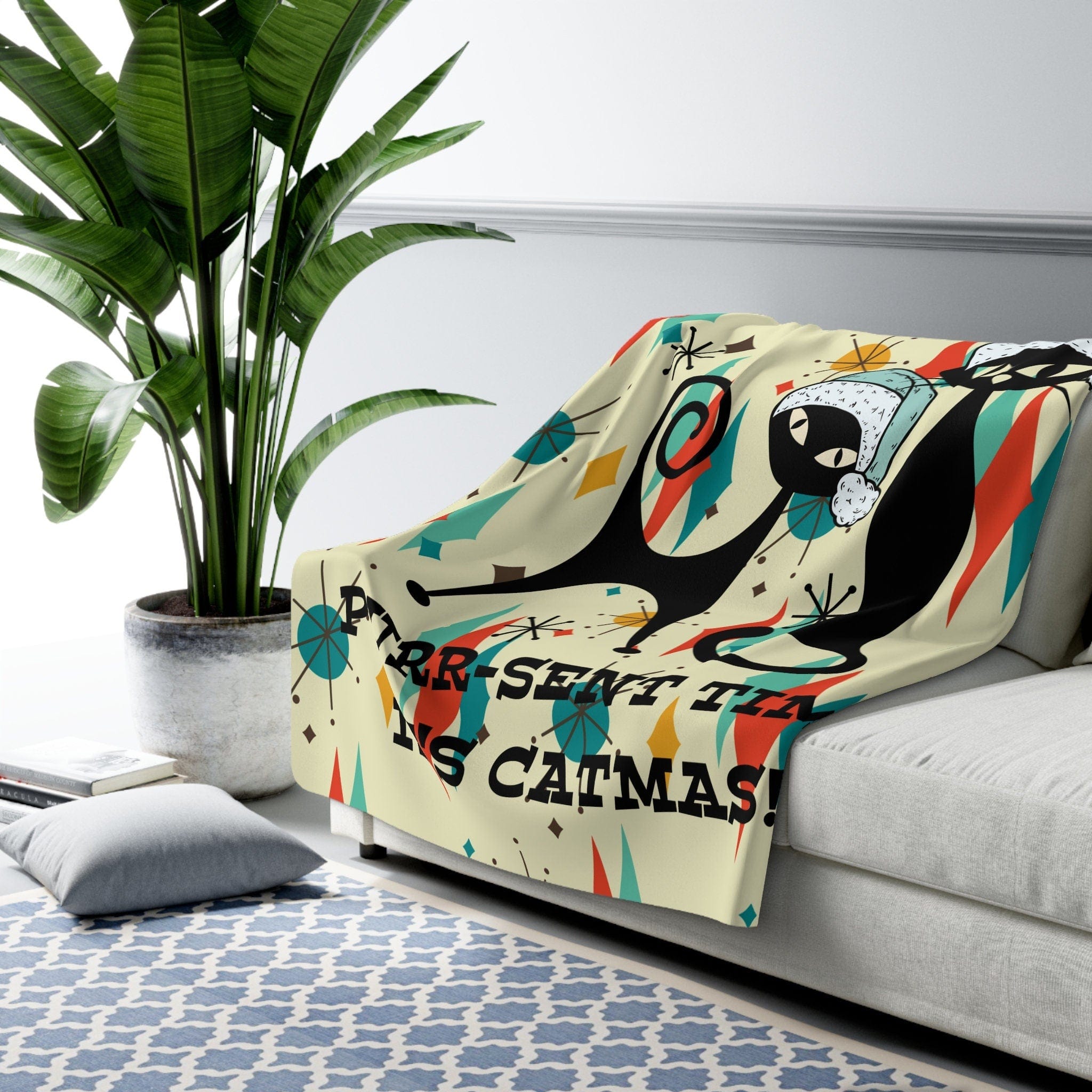 Kate McEnroe New York Atomic Cat Franciscan Diamond Starburst Christmas Throw Blanket, Mid Century Modern Retro Kitschy Sherpa Fleece BlanketBlankets15210905756667901667