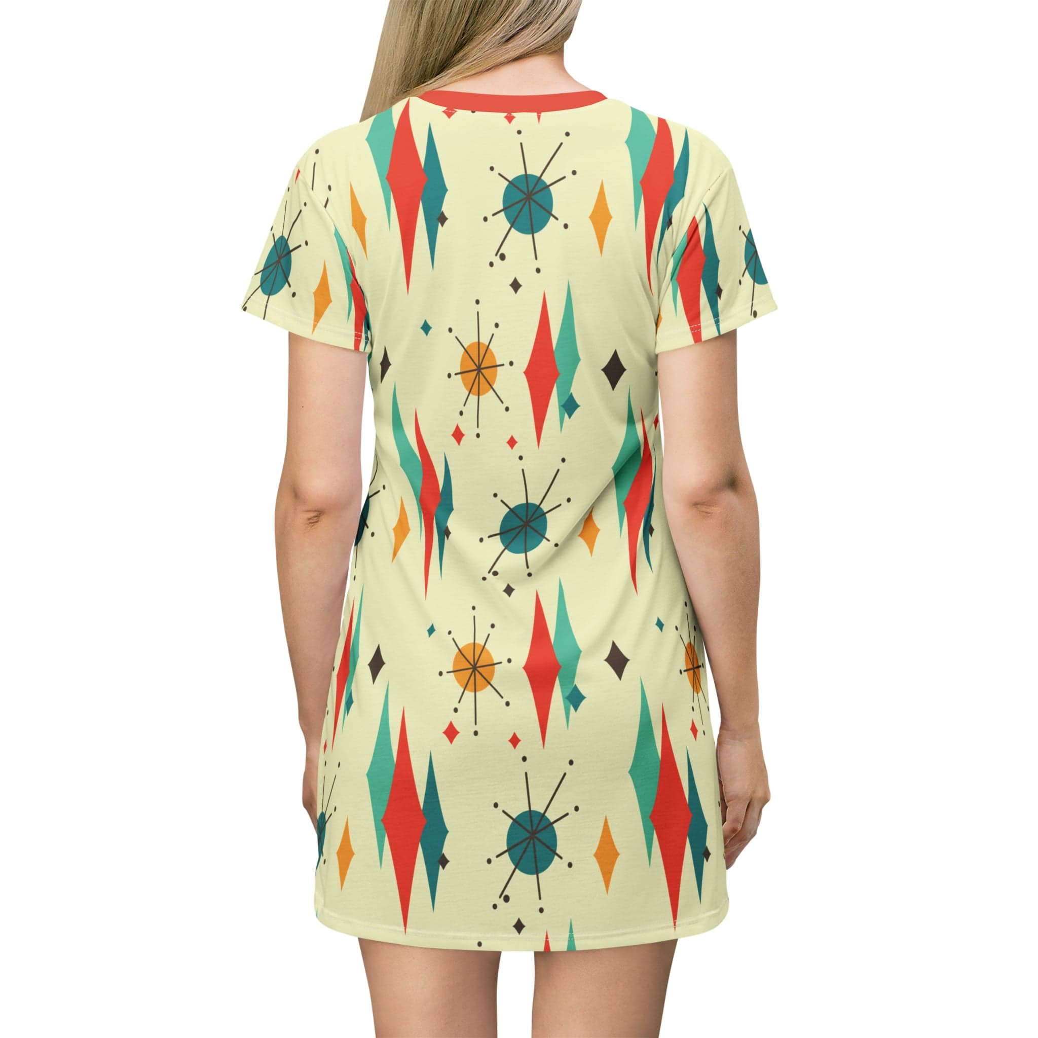 Kate McEnroe New York Atomic Cat Franciscan Diamond Starburst T - Shirt Dress, Mid Century Modern Retro Orange, Teal, Cream Party DressDresses11205431701530155854