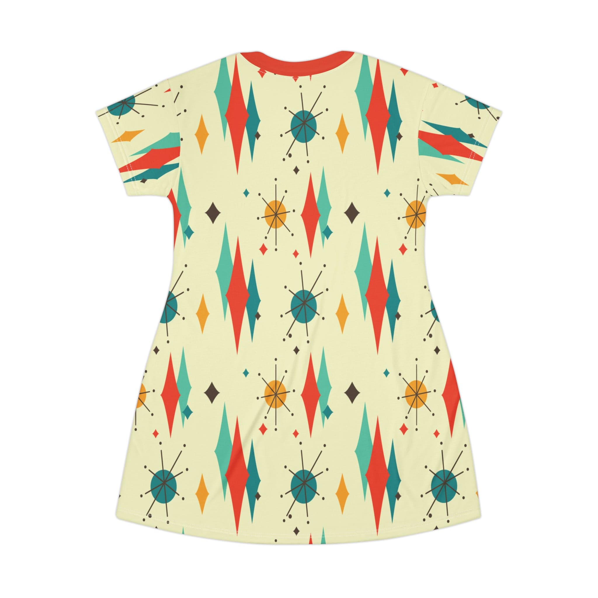 Kate McEnroe New York Atomic Cat Franciscan Diamond Starburst T - Shirt Dress, Mid Century Modern Retro Orange, Teal, Cream Party DressDresses11205431701530155854