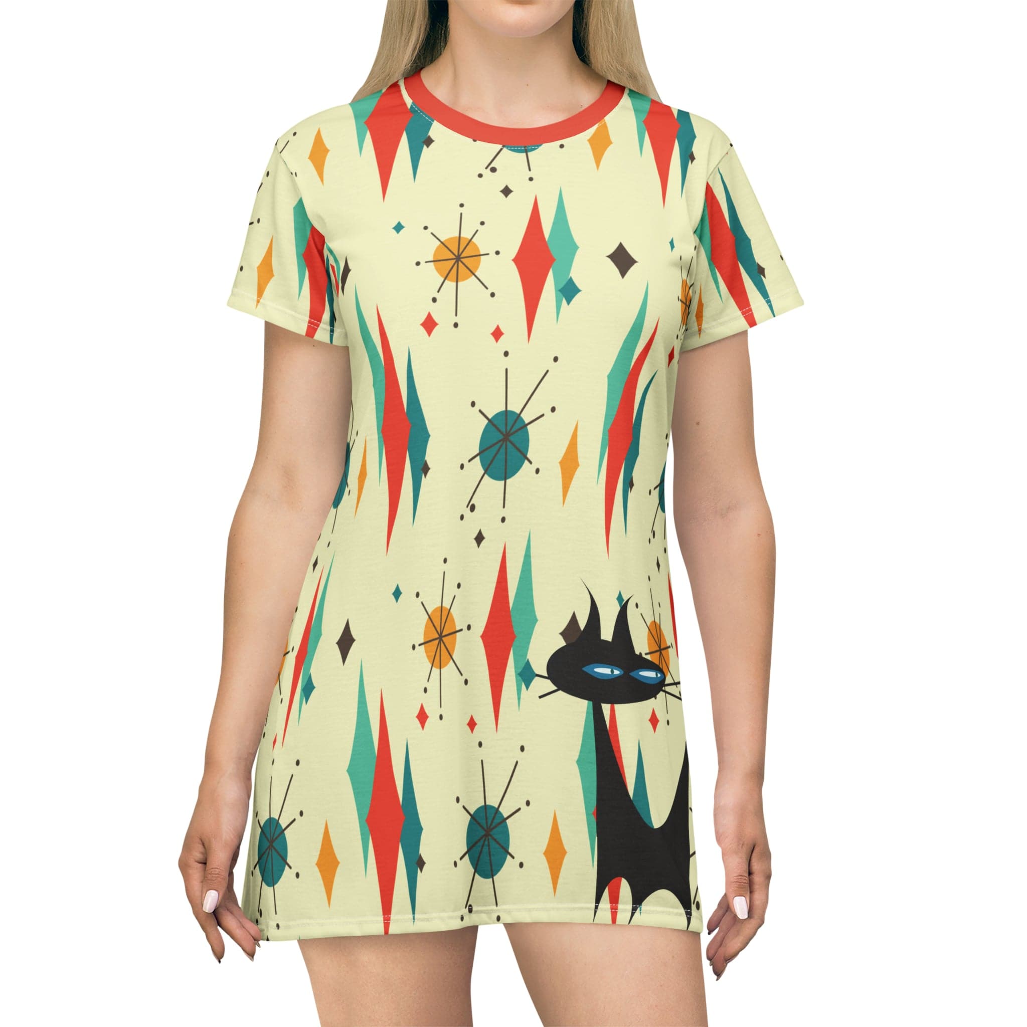 Kate McEnroe New York Atomic Cat Franciscan Diamond Starburst T - Shirt Dress, Mid Century Modern Retro Orange, Teal, Cream Party DressDresses11205431701530155854