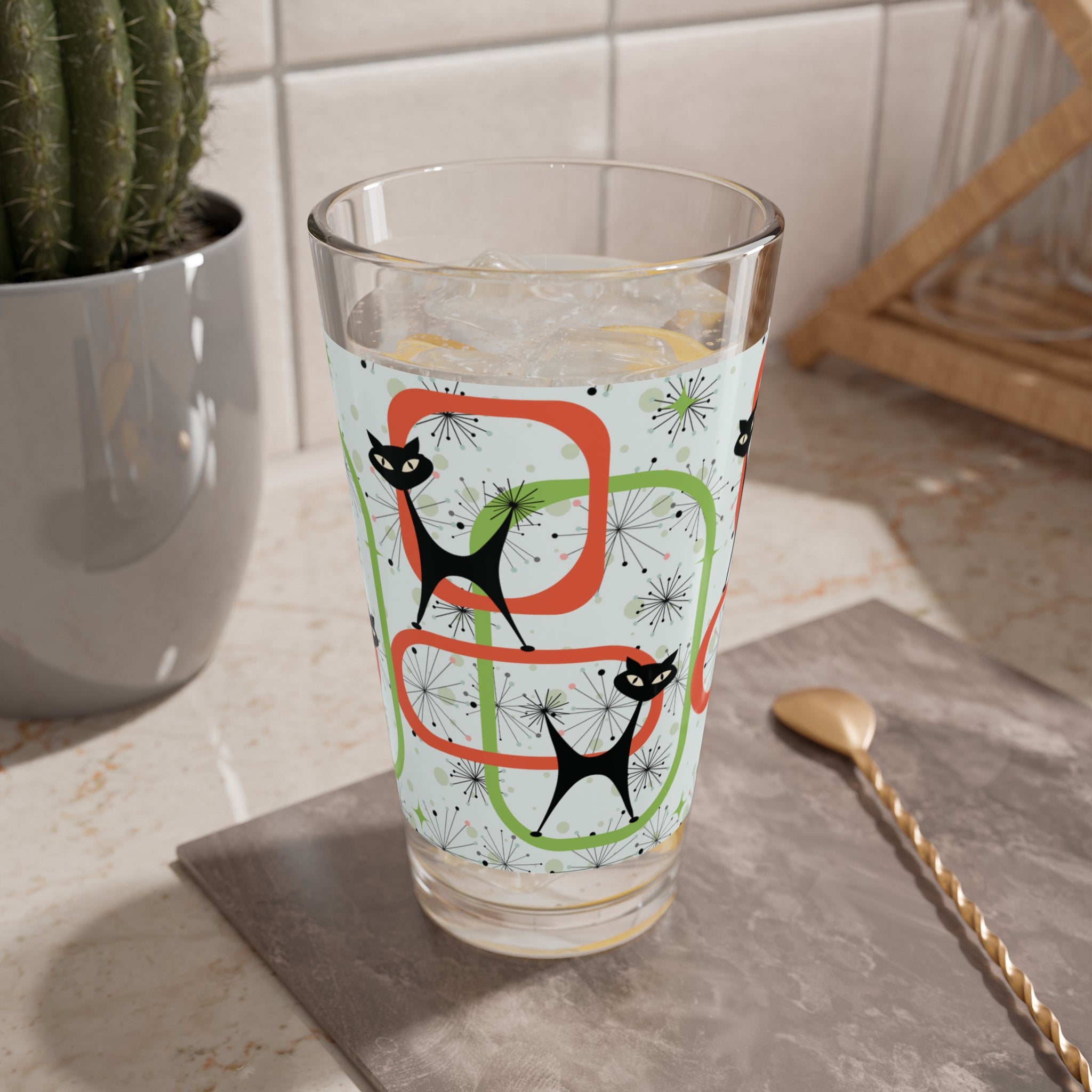 Kate McEnroe New York Atomic Cat Geometric Pint Glass, Mid Century Modern Starburst Drinkware, Retro MCM BarwarePint Glasses26383203808269731113