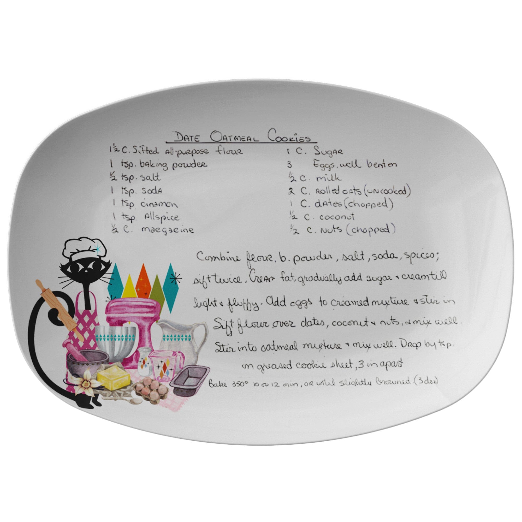 Kate McEnroe New York Atomic Cat Handwritten Recipe Platter, Personalized Mid Century Modern Retro Handwriting Recipe Card Plate Keepsake for Family Heirloom RecipesServing PlattersPP1 - ATC - COK - 2