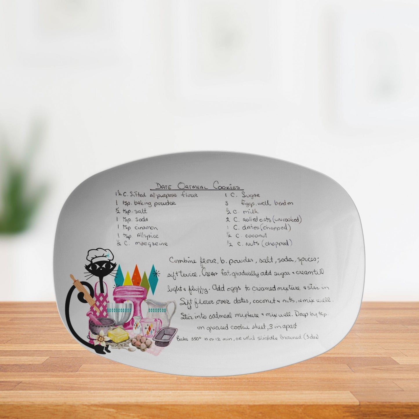 teelaunch Atomic Cat Handwritten Recipe Platter, Personalized Mid Century Modern Retro Handwriting Recipe Card Plate Keepsake for Family Heirloom Recipes Kitchenware 9727