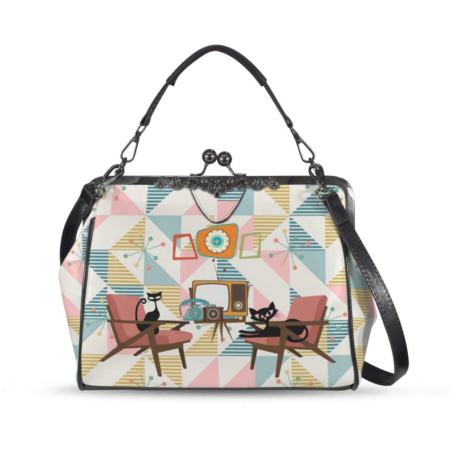 Kate McEnroe New York Atomic Cat Kiss Lock Handbag Mid Century Modern Retro Pastel PurseCrossbody BagsD3275067