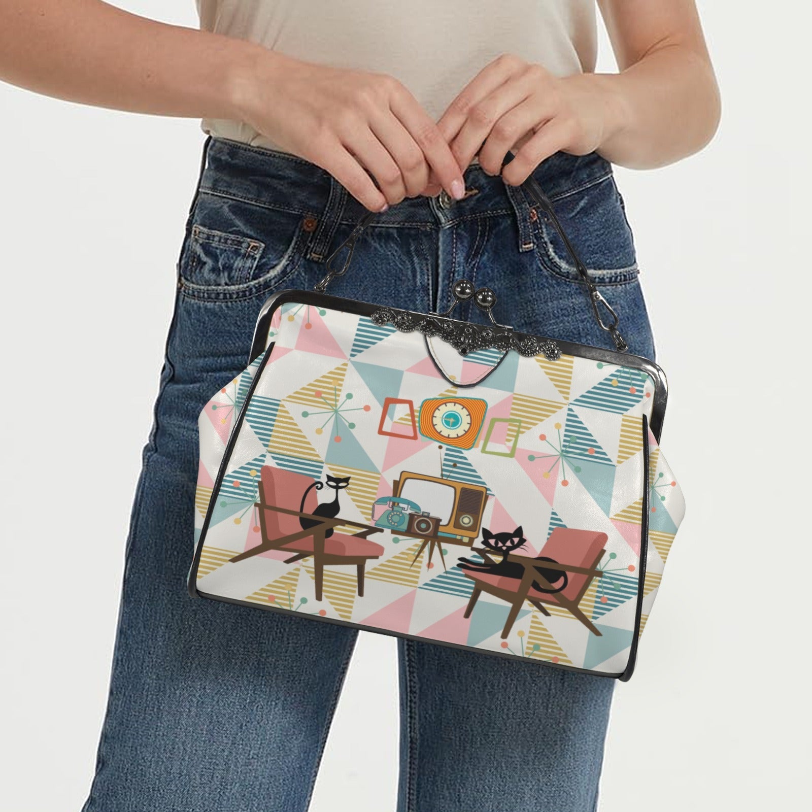 Kate McEnroe New York Atomic Cat Kiss Lock Handbag Mid Century Modern Retro Pastel PurseCrossbody BagsD3275067