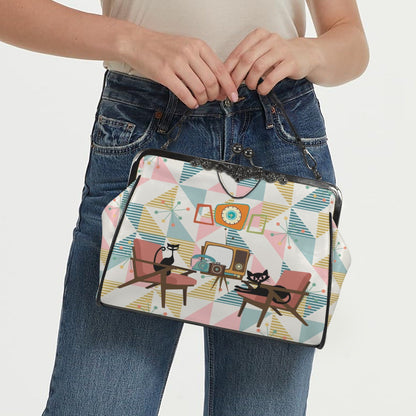 Kate McEnroe New York Atomic Cat Kiss Lock Handbag Mid Century Modern Retro Pastel PurseCrossbody BagsD3275067