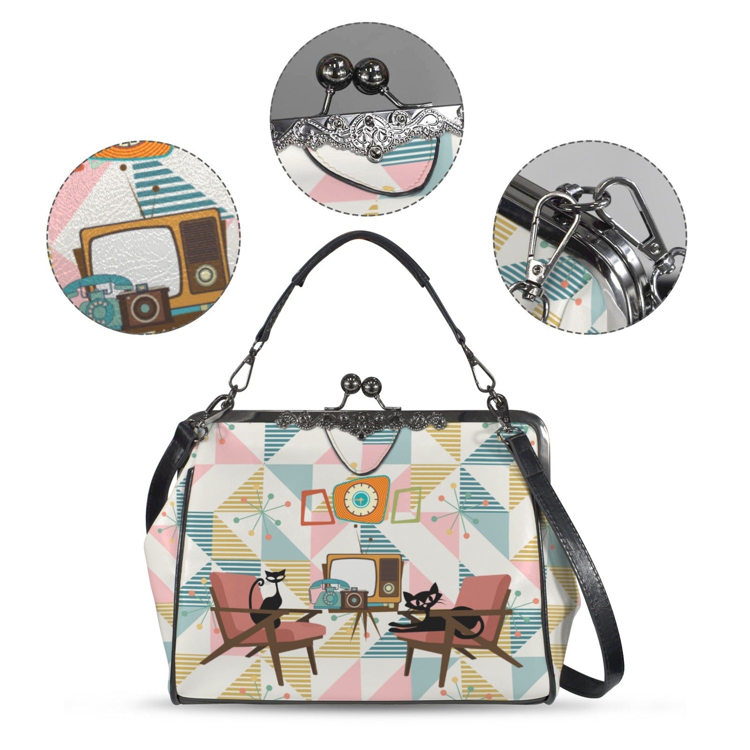 Kate McEnroe New York Atomic Cat Kiss Lock Handbag Mid Century Modern Retro Pastel PurseCrossbody BagsD3275067